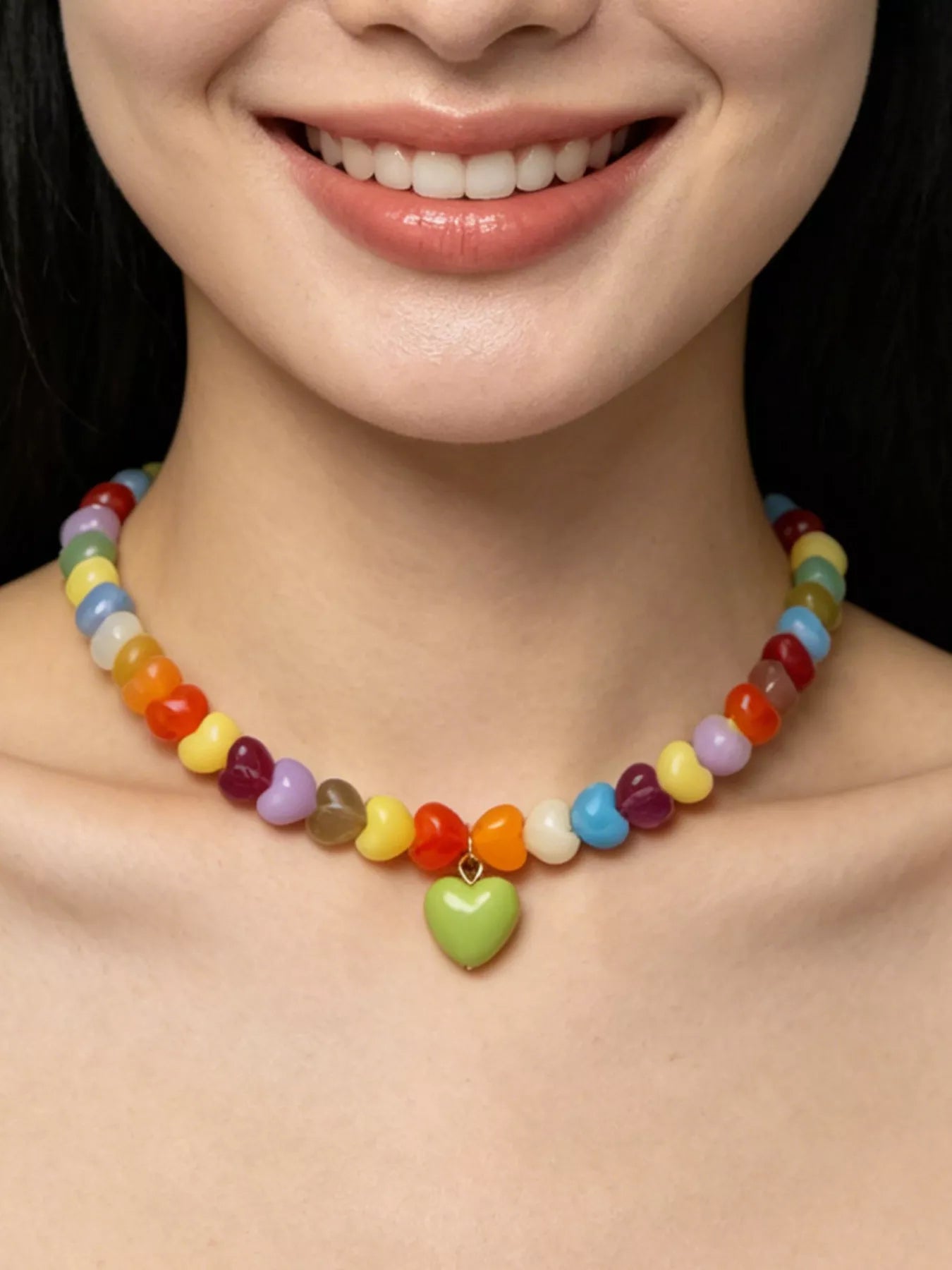 Women's Colorful Acrylic Beaded Heart Choker Necklace
