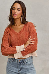Trendsi SO ME Chenille Cable Knit V Neck Contrast Cropped Sweater -
