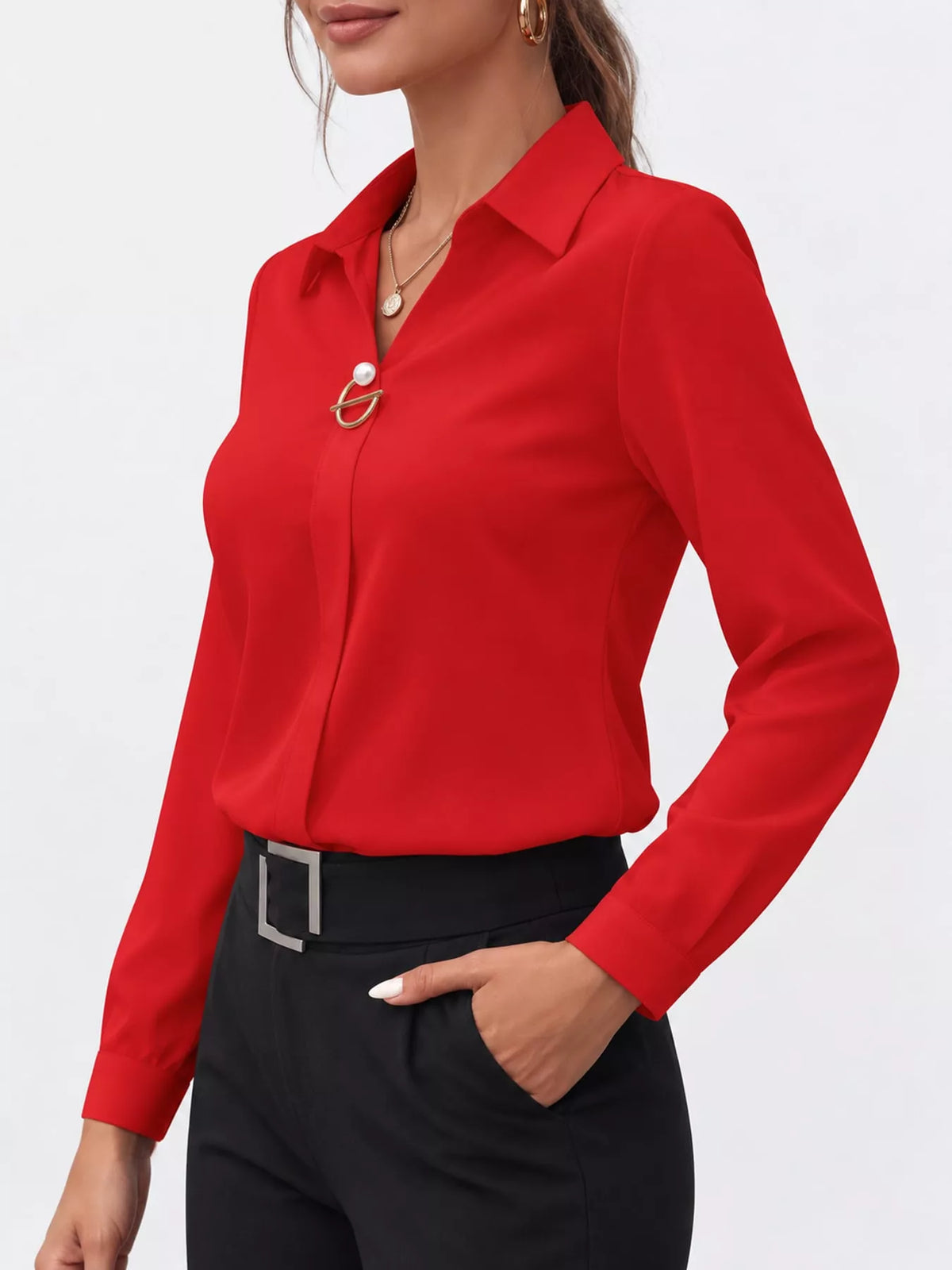 Women's Collared Clasp Detail Long Sleeve Satin Blouse in red — side view