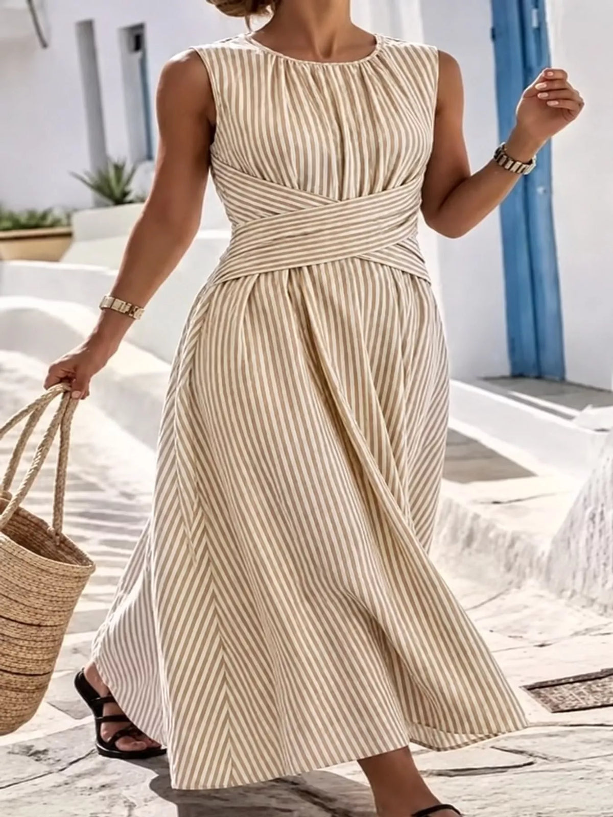 Women's Sleeveless Striped Maxi Dress with Criss-Cross Waist Detail in beige striped — front view
