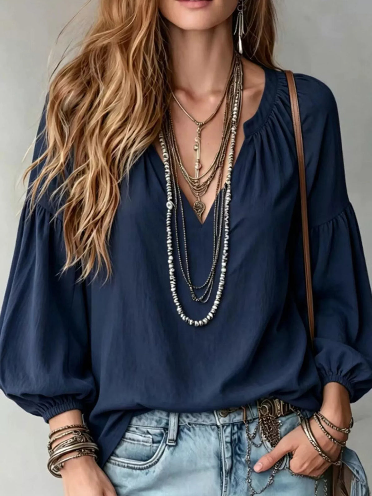 Notched Balloon Sleeve Blouse in navy, front view