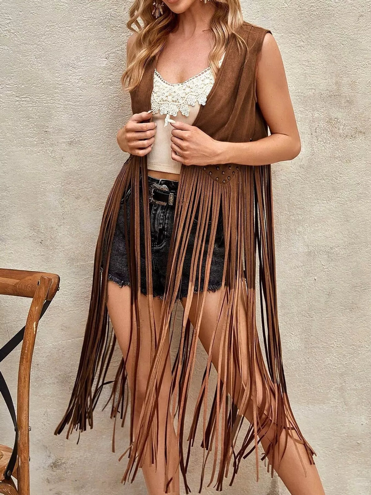 Studded Fringe Longline Vest in brown, front view