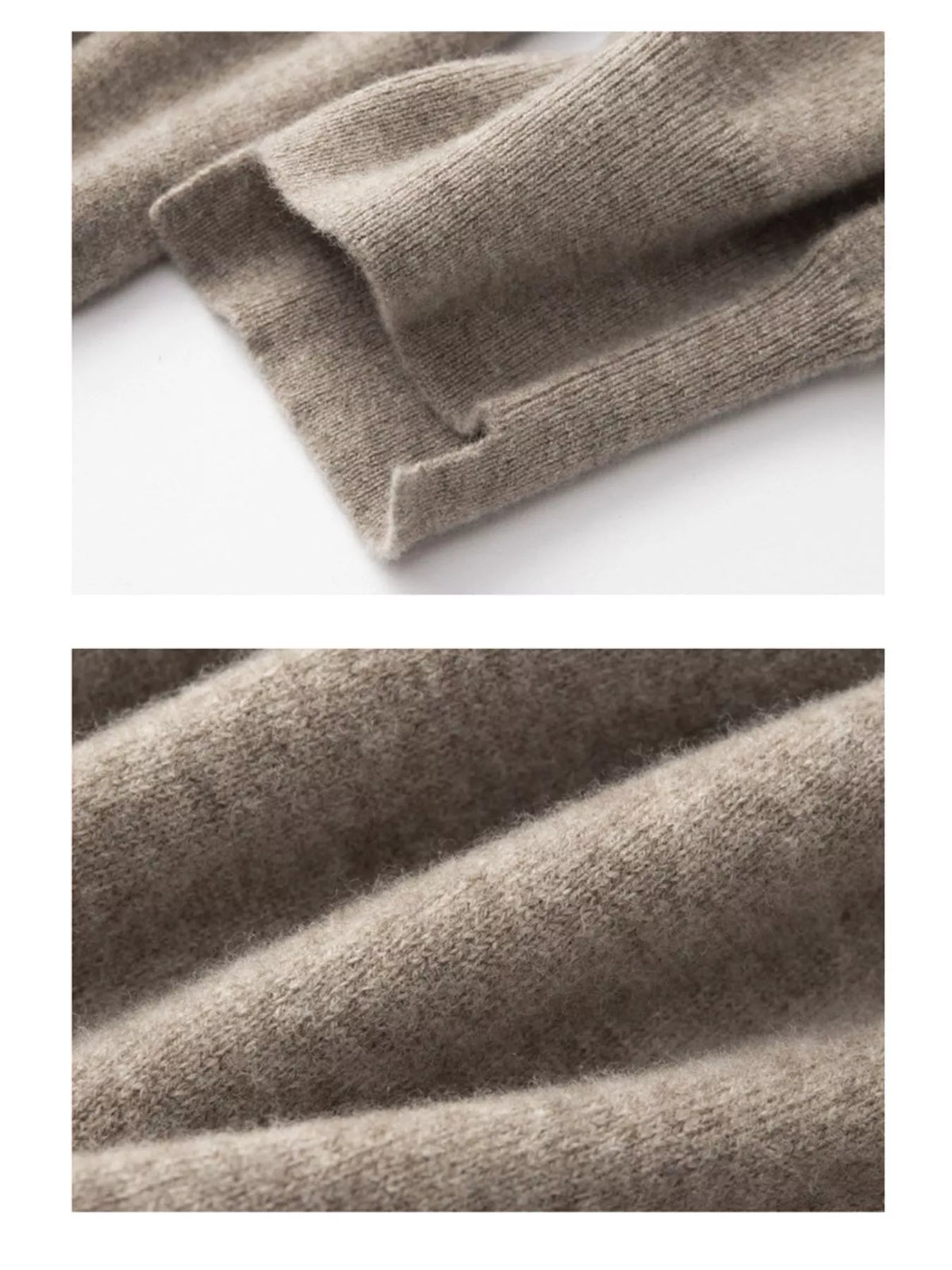 Taupe high-waisted drawstring wool knit pants, cuff and knit details