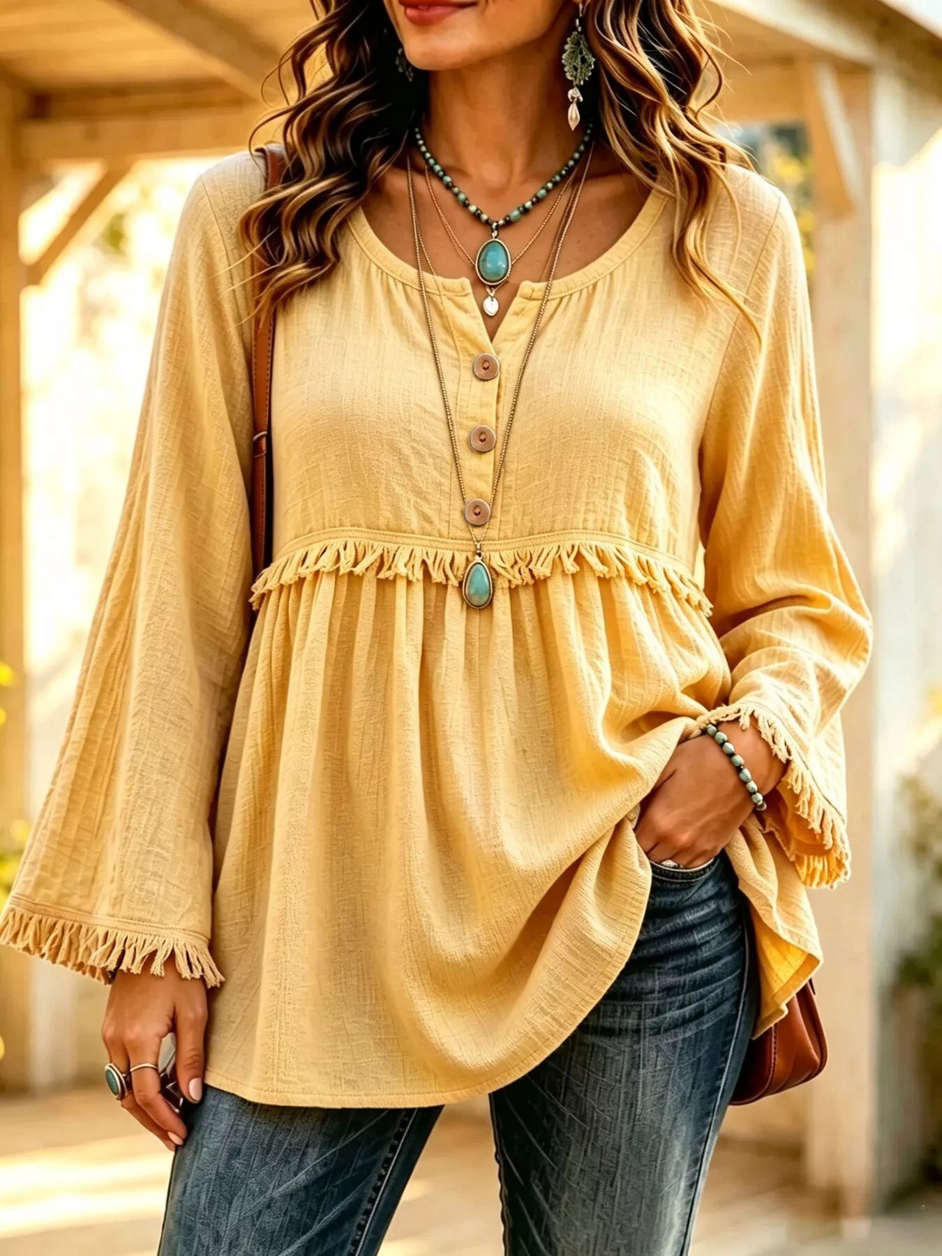 Trendsi Button-Down Detail Fringed Hem Blouse -