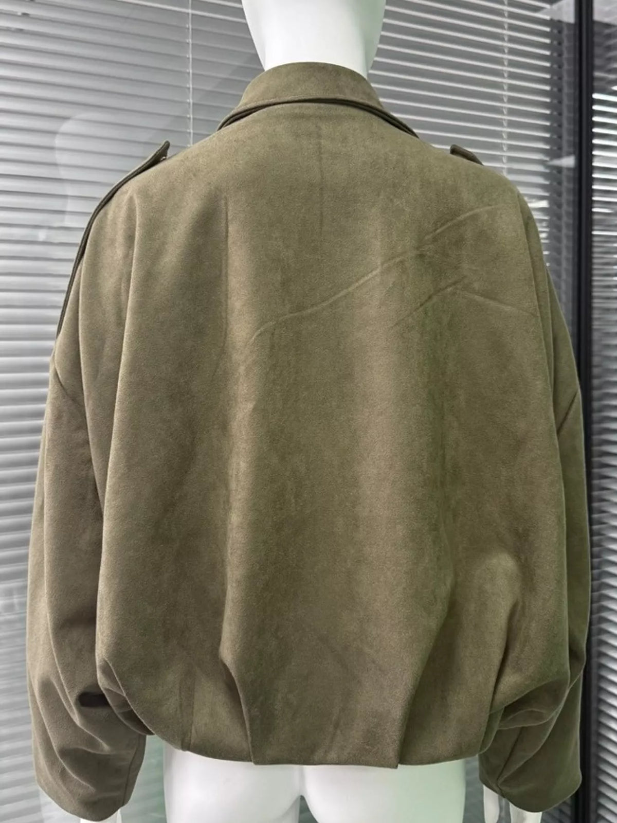 Olive elastic hem batwing sleeve jacket, back view