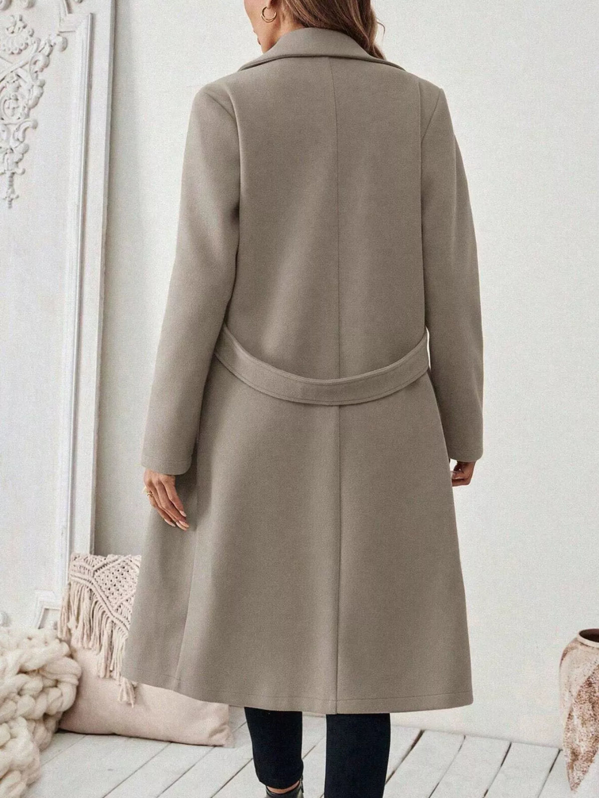 Taupe lapel-collar longline coat, back view
