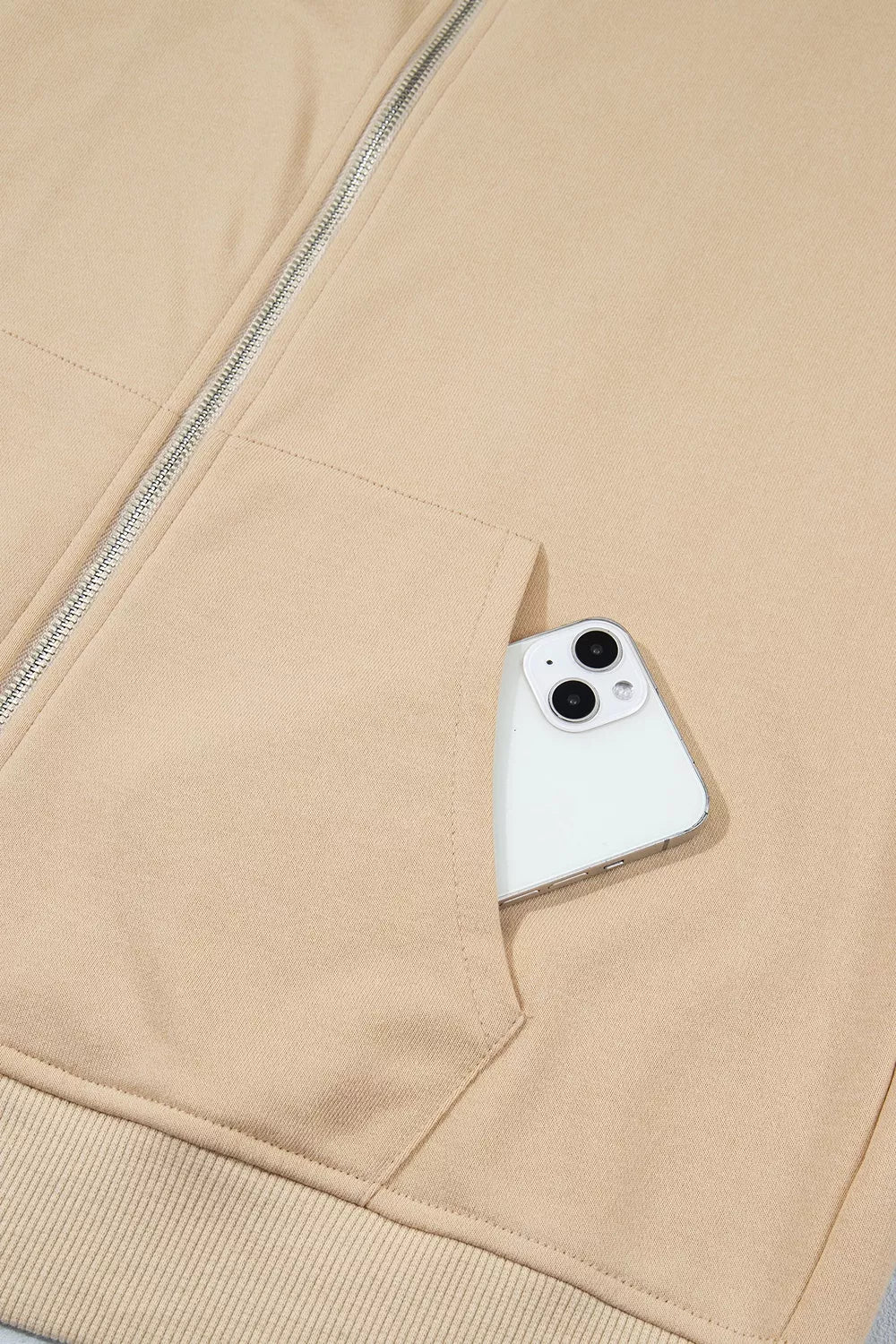 Polka Dot Zip-Up Hoodie in beige, pocket detail