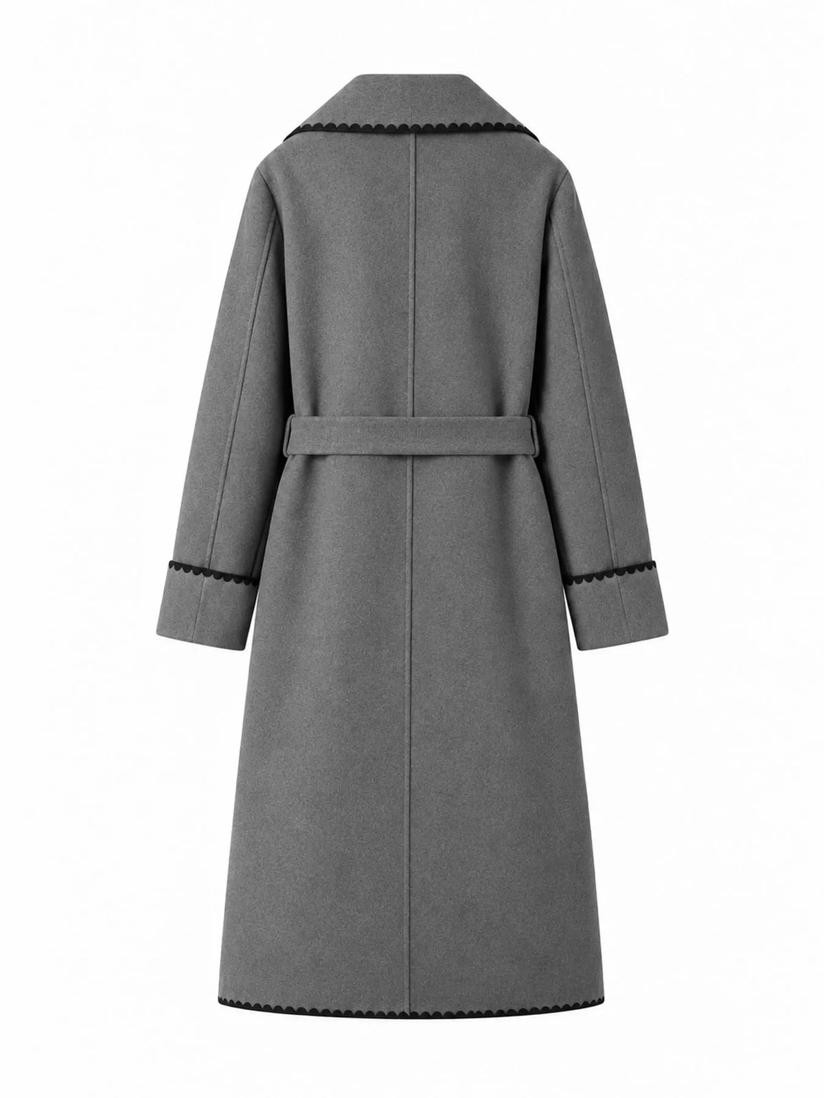 Contrast Scalloped Trim Trench Coat, back view in gray