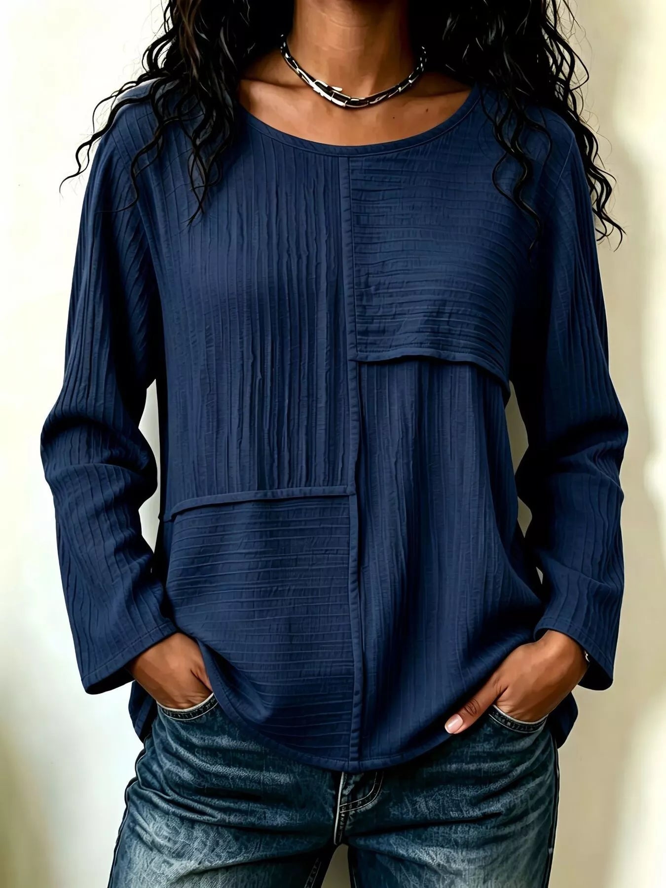 Trendsi Textured Patchwork Long Sleeve Casual T-Shirt -