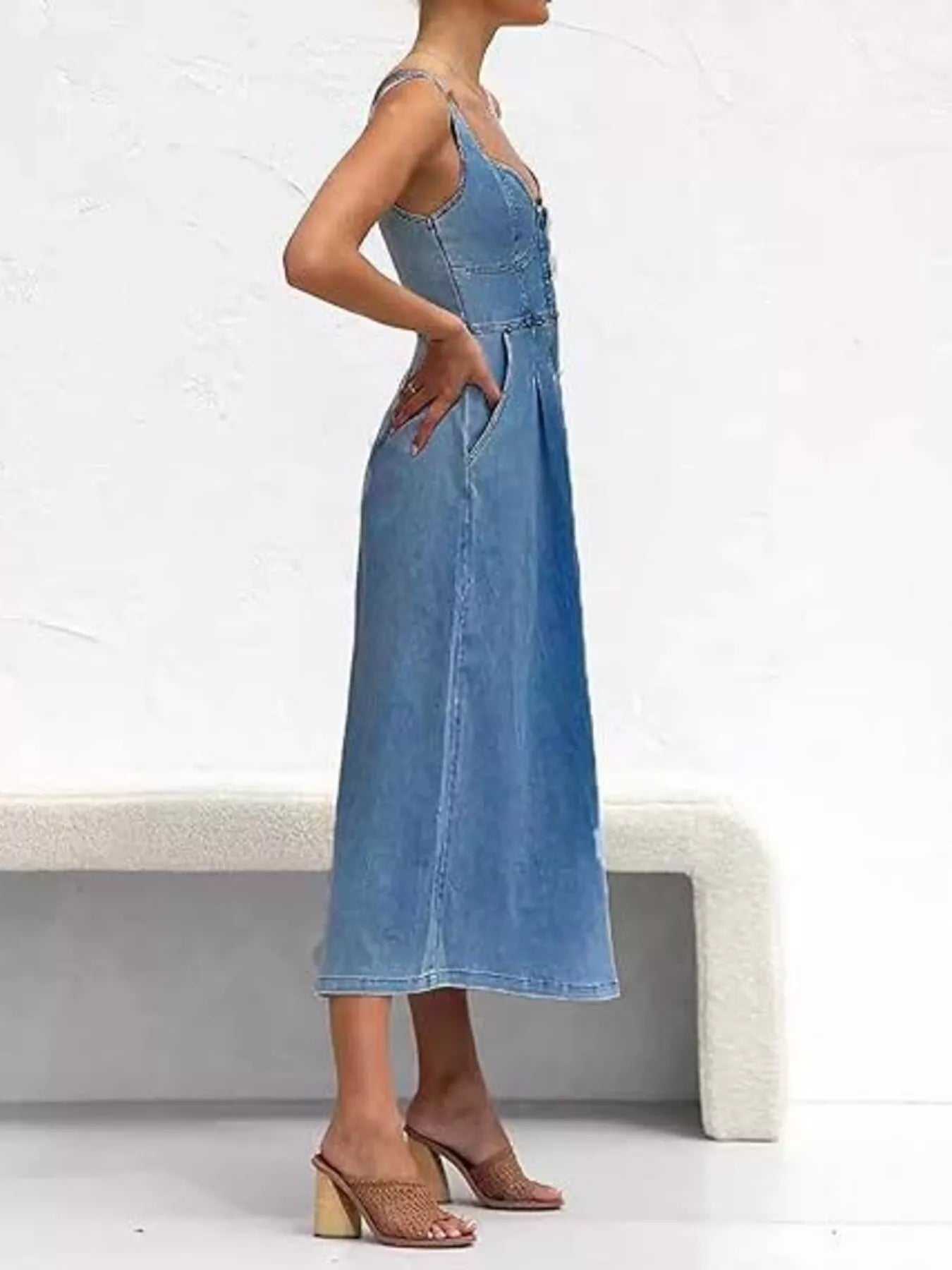 Trendsi Smocked Back Button Front Denim Midi Dress -