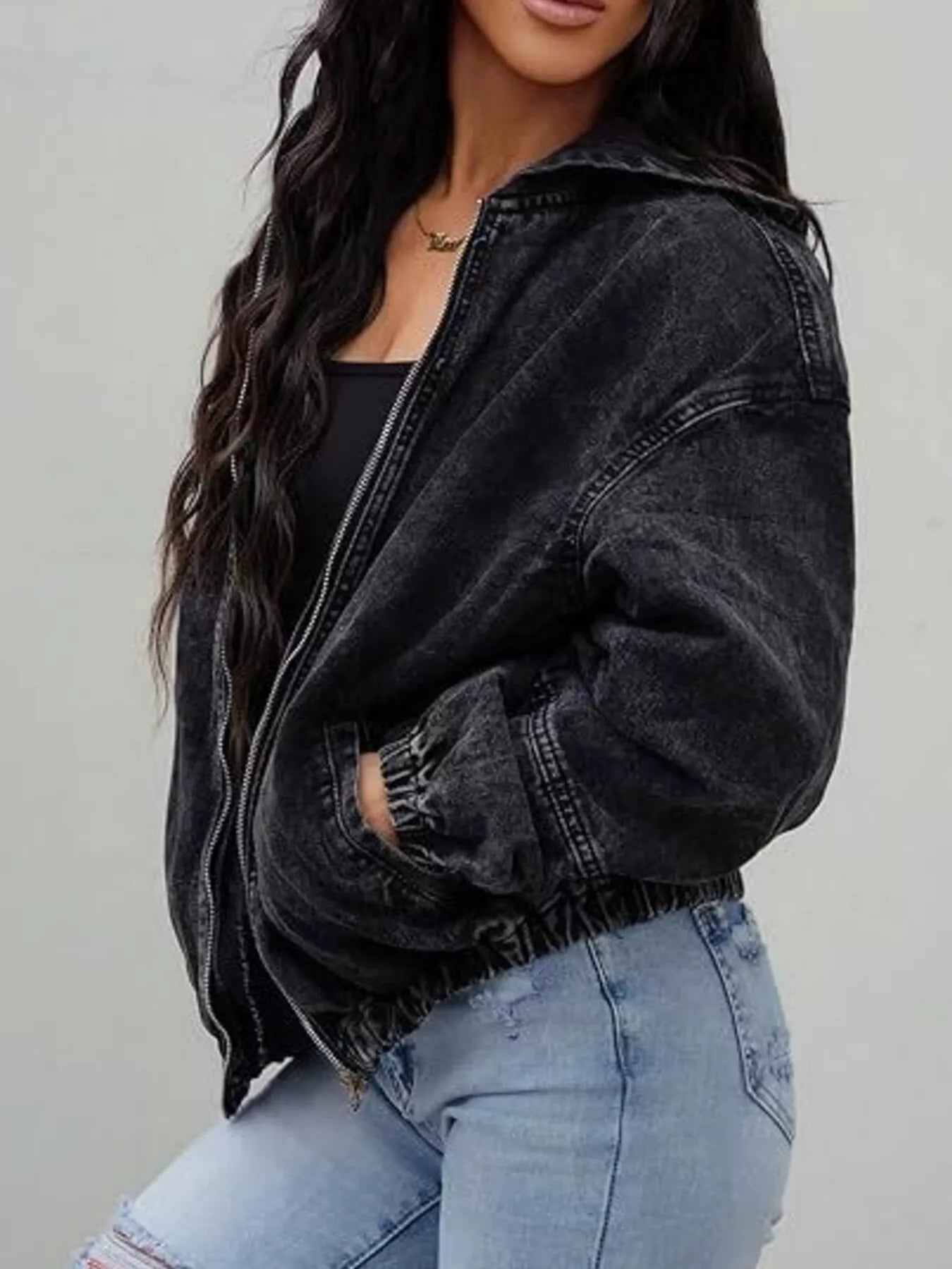 Trendsi Vintage Washed Zip Up Hooded Denim Jacket -