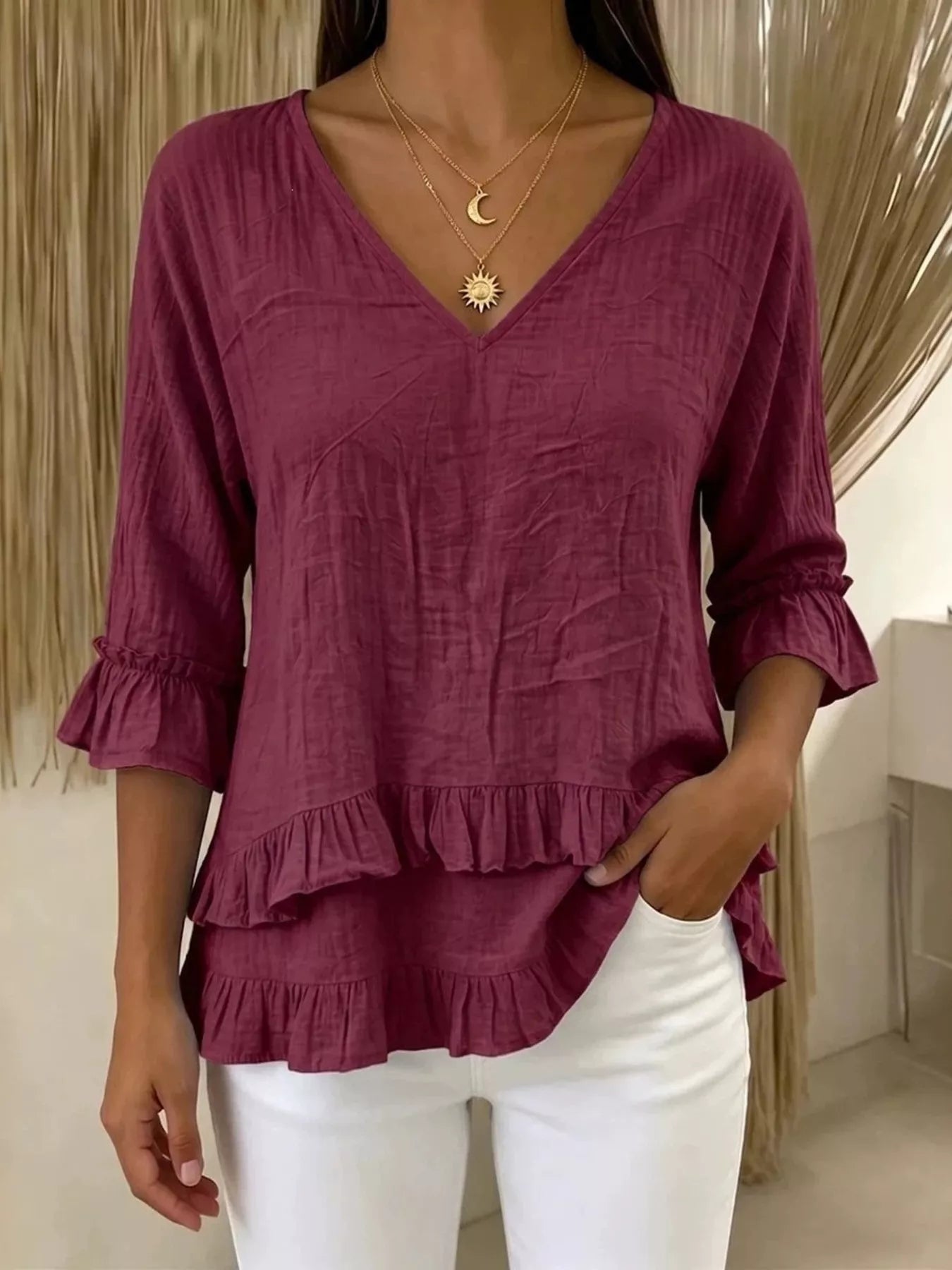 Trendsi V-Neck Ruffle Sleeve Top -