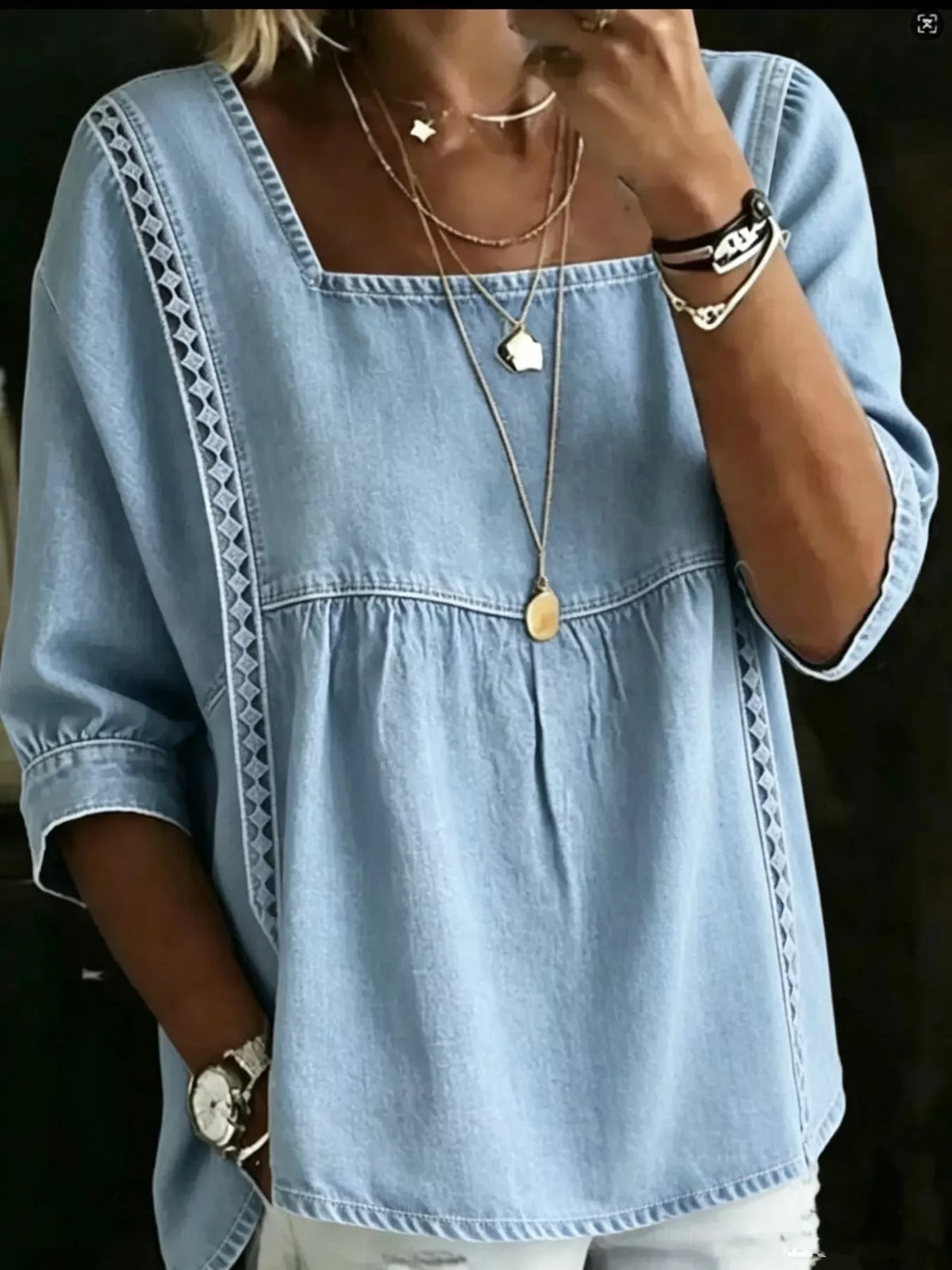 Azure Blue square neck embroidered denim blouse