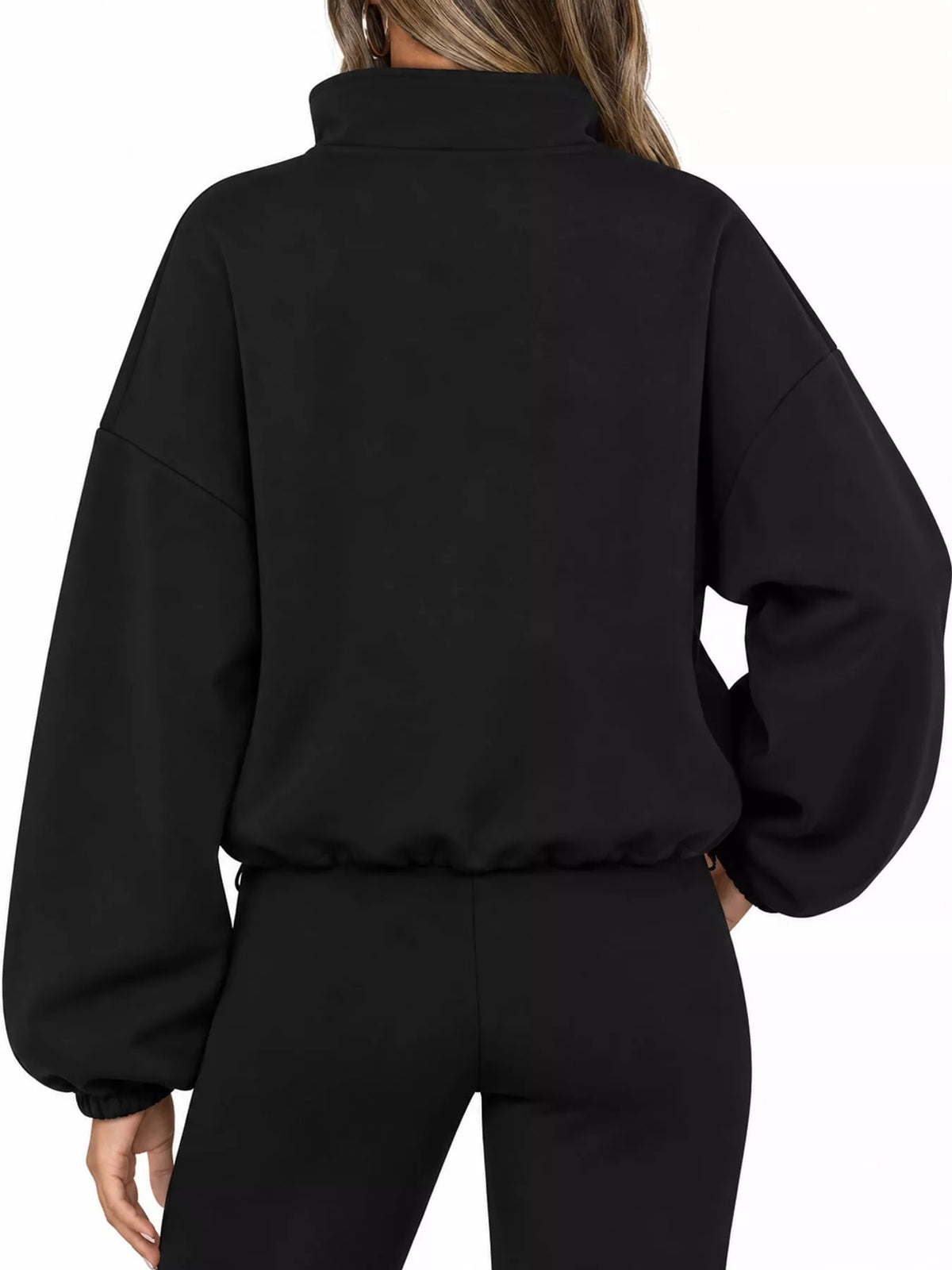 Black drawstring hem zip-up jacket, back view