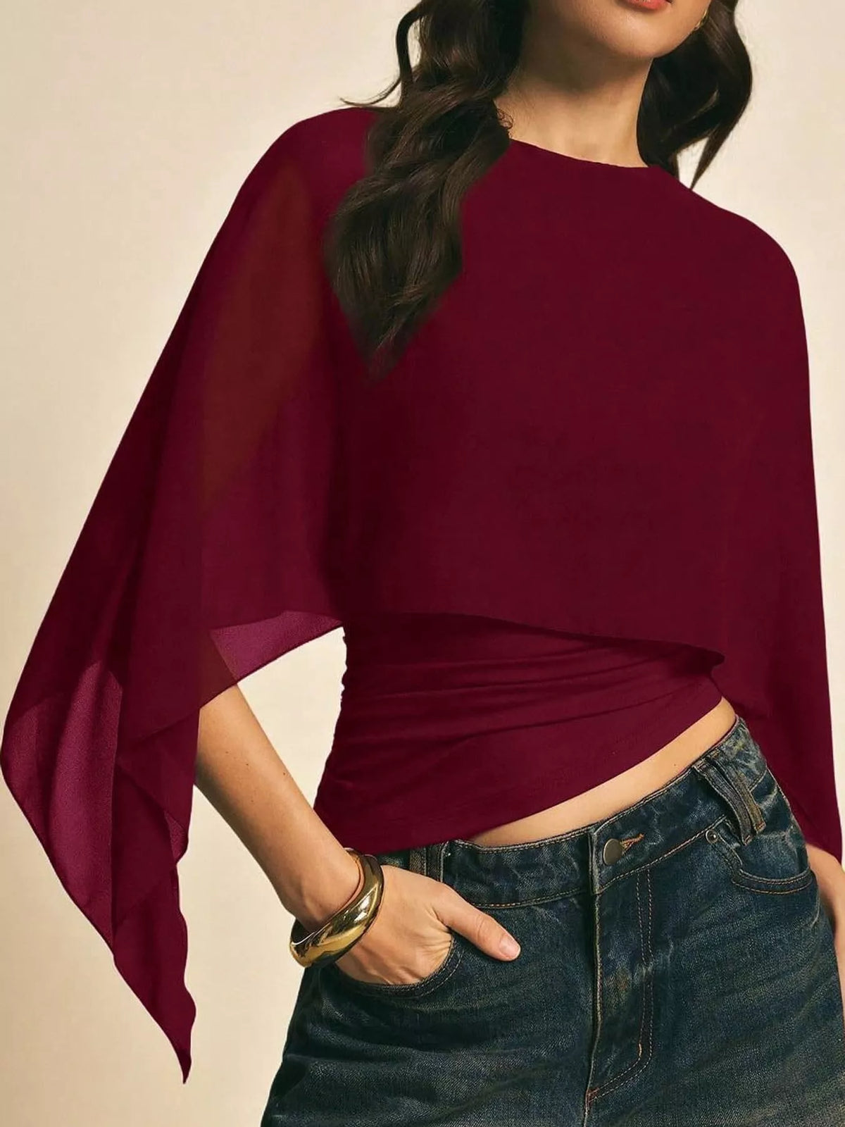 Burgundy cape sleeve round neck blouse