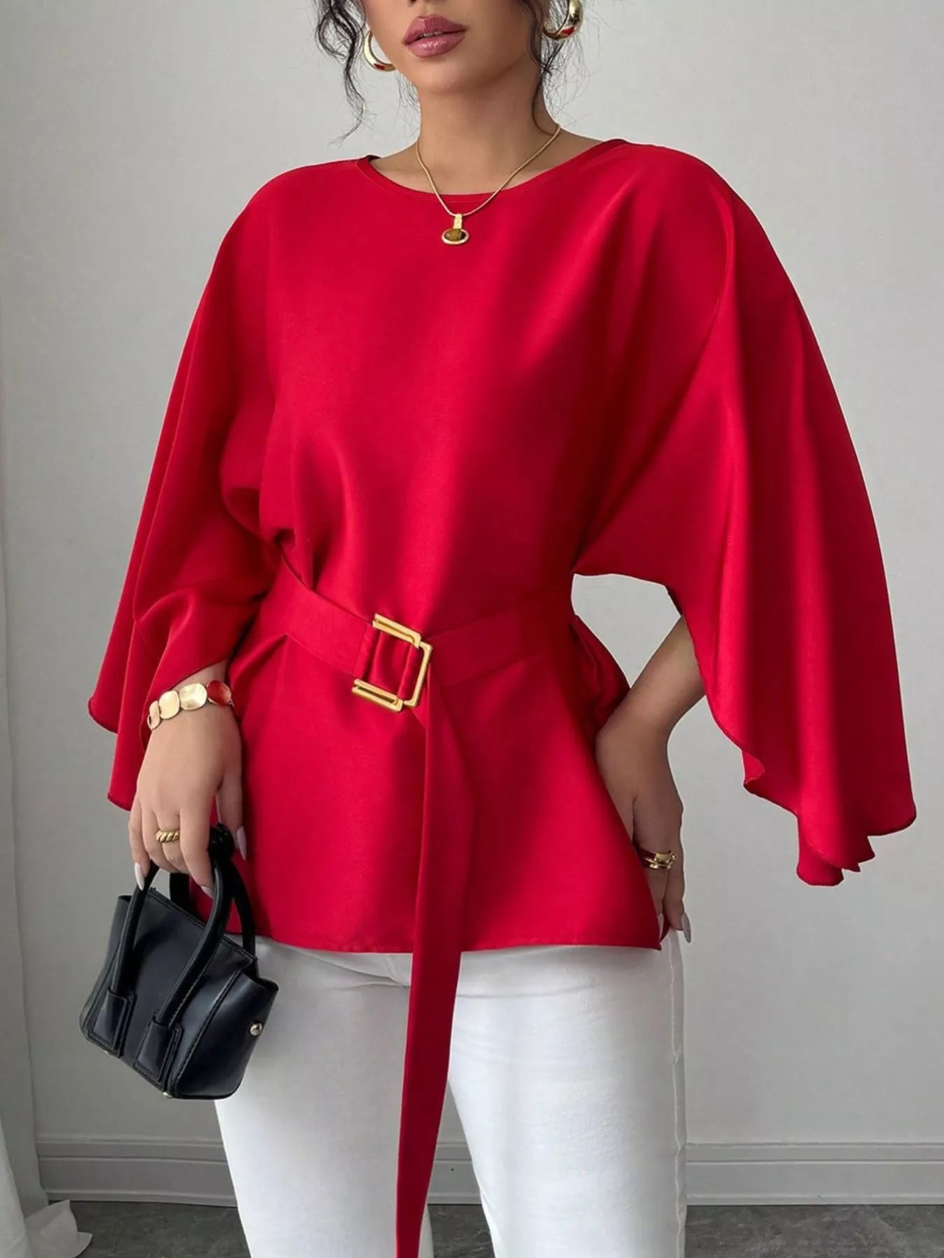 Round-neck belt batwing-sleeve blouse