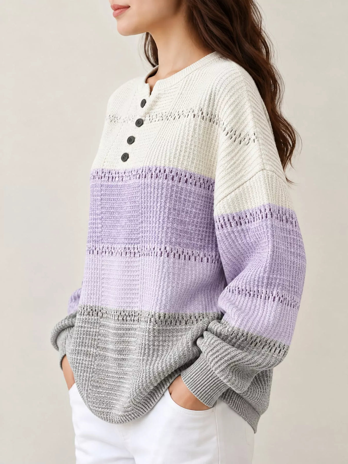 White, purple and gray color block button neck knit sweater, side view