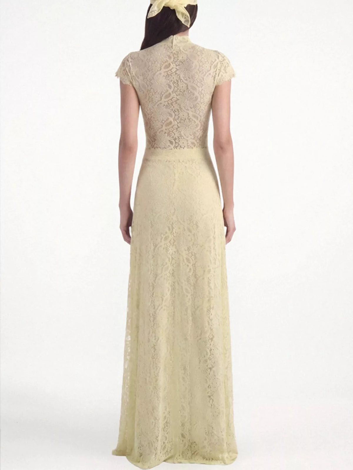 Light Yellow-Set lace short sleeve top and pants set, back view