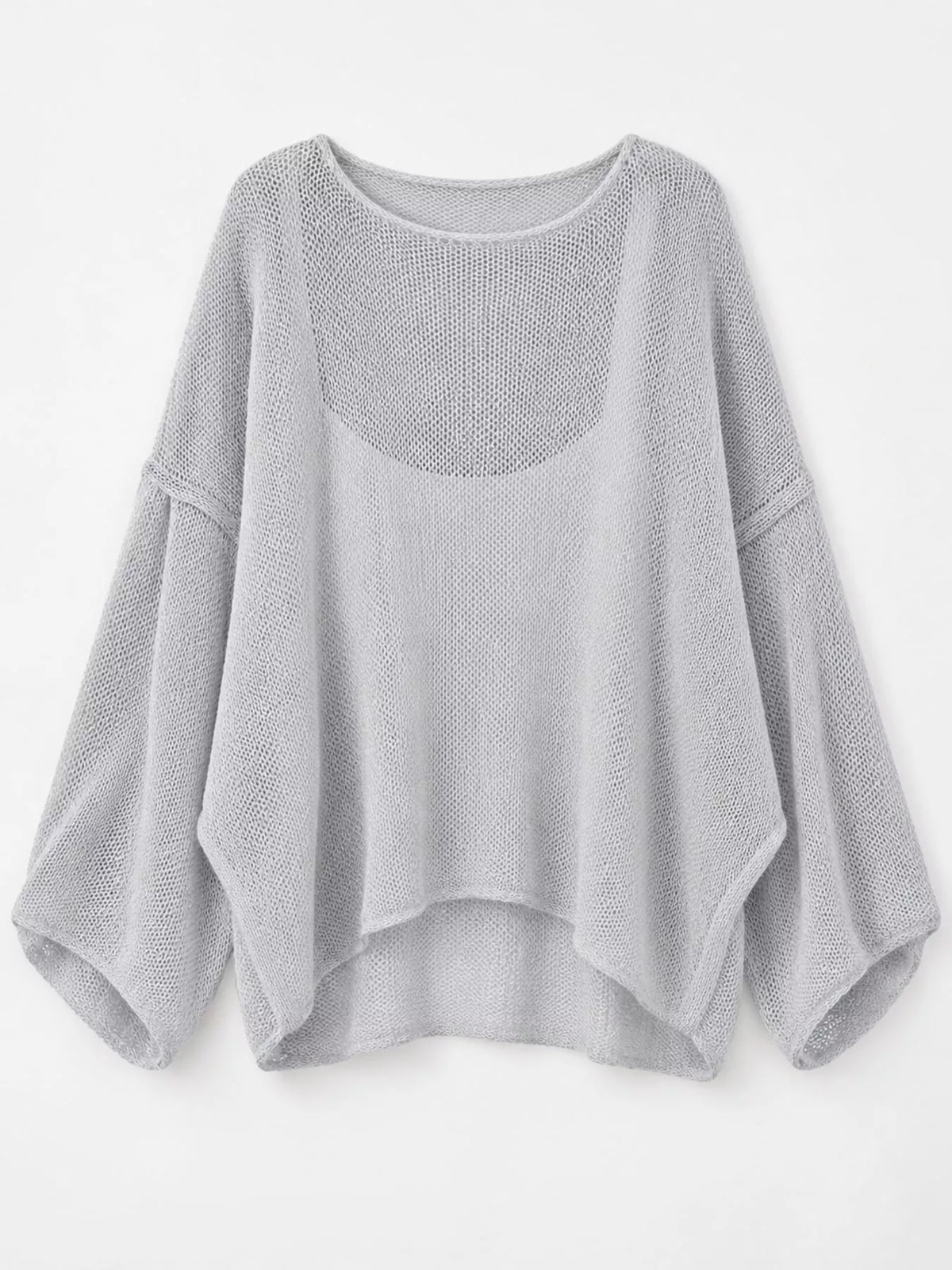 Light gray sheer openwork knit long sleeve top