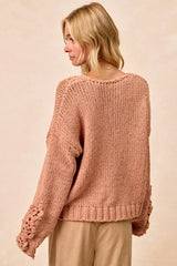 Trendsi BiBi Chunky Knit Sweater with Flower Detail Sleeves -