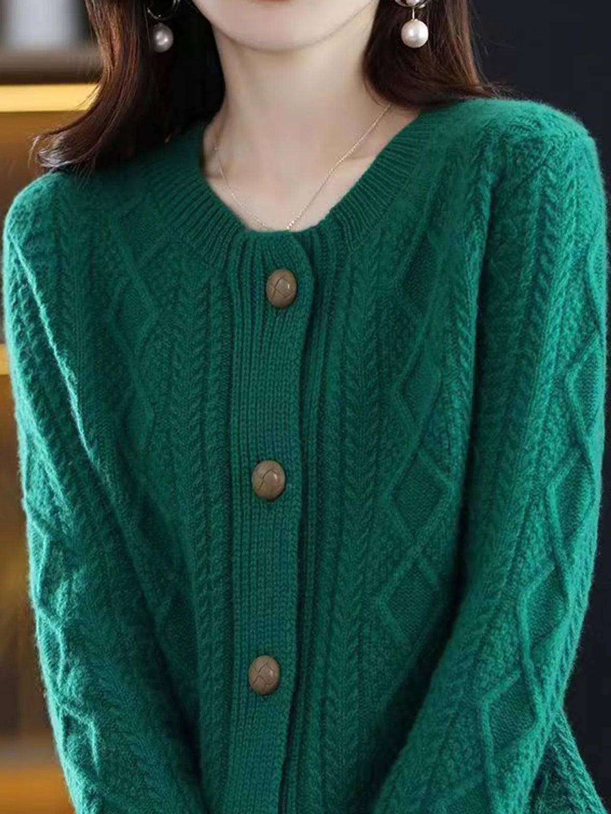 Emerald Green cable-knit button-down cardigan