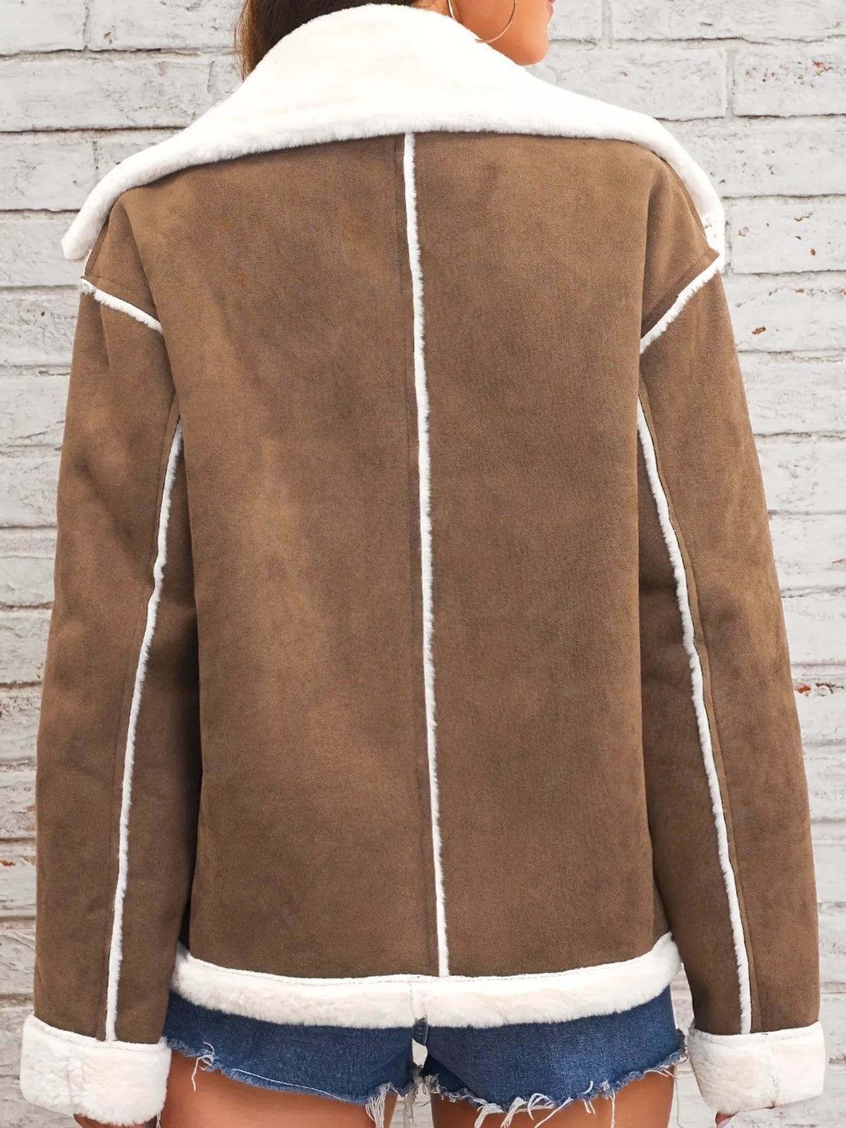 Brown plush-lined button-front jacket — back view