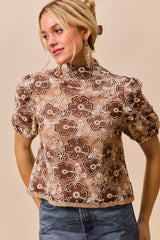 Trendsi SO ME Texture Floral Mesh Top With Back Button Closure -