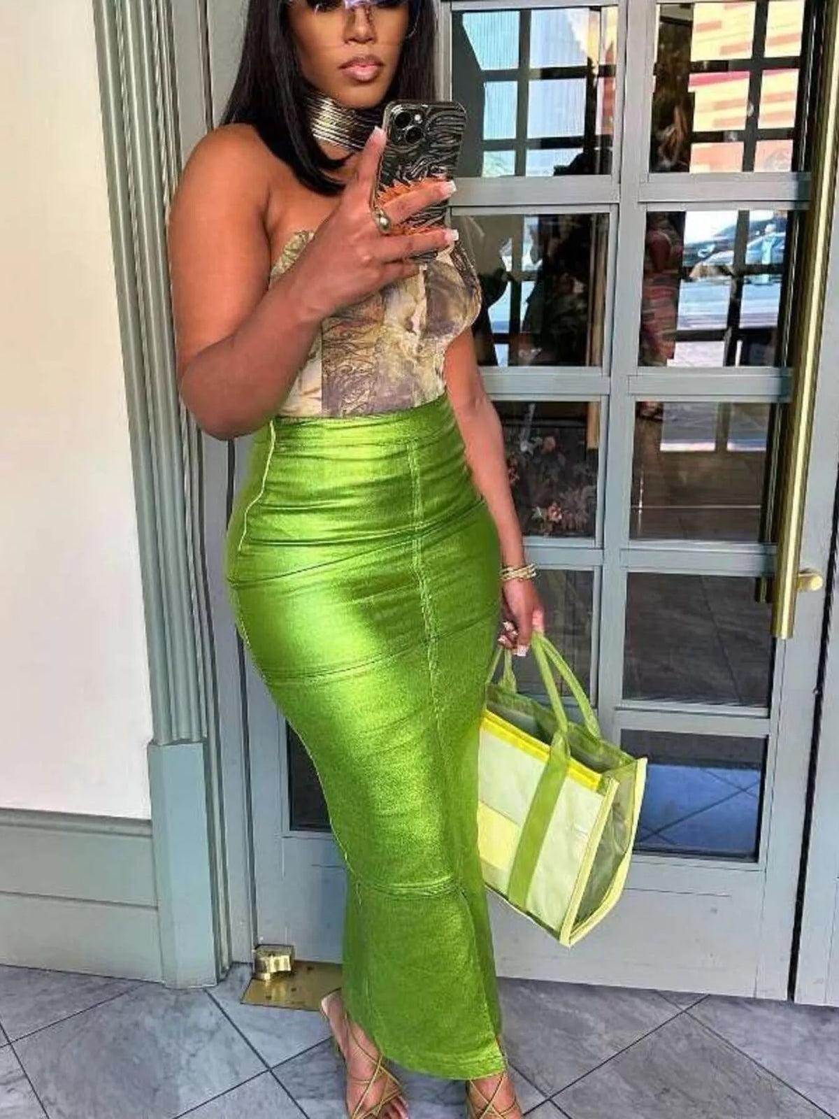 Trendsi Shimmering Side Slit Bodycon Maxi Skirt -