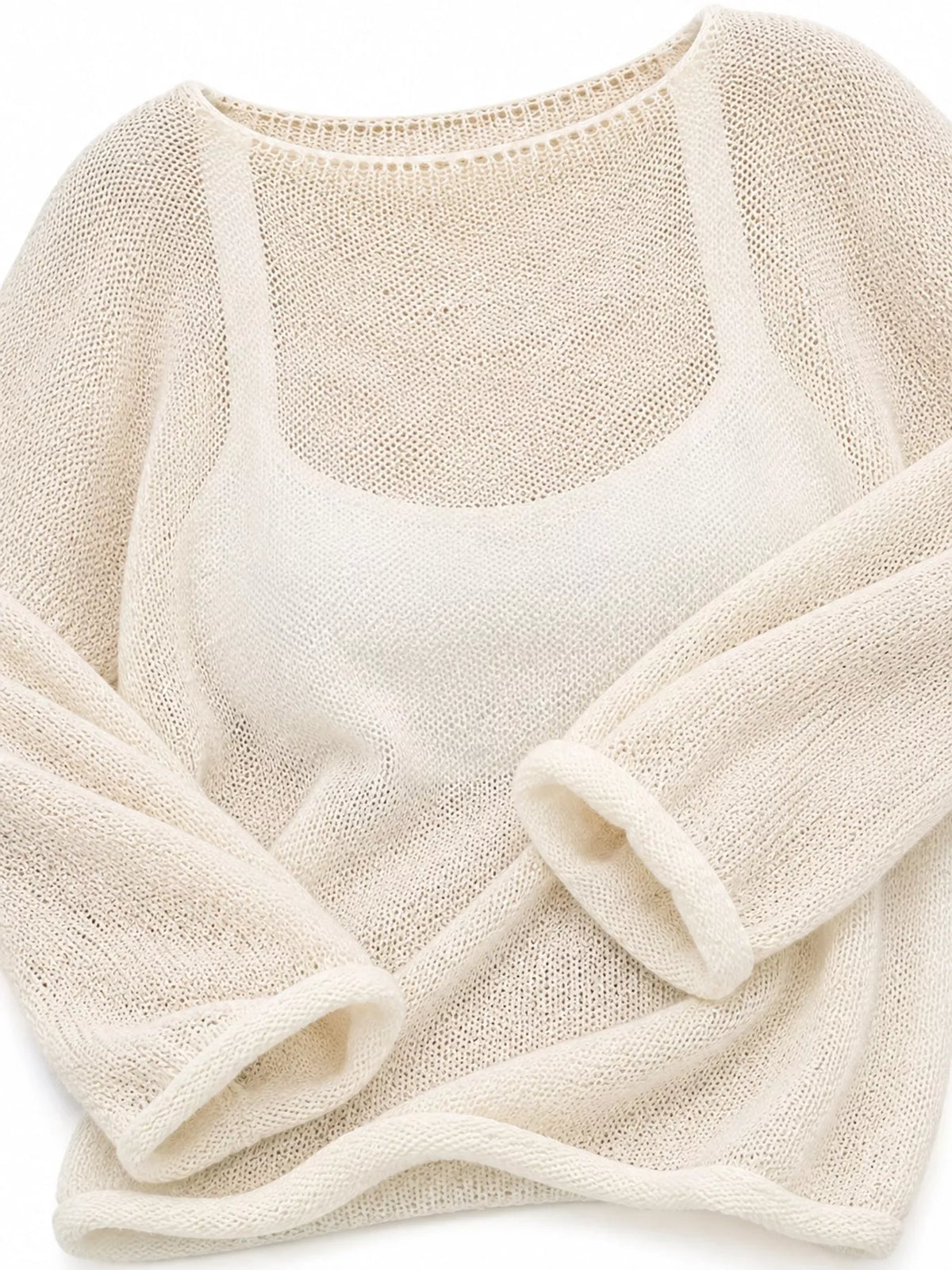 Ivory sheer openwork knit long sleeve top