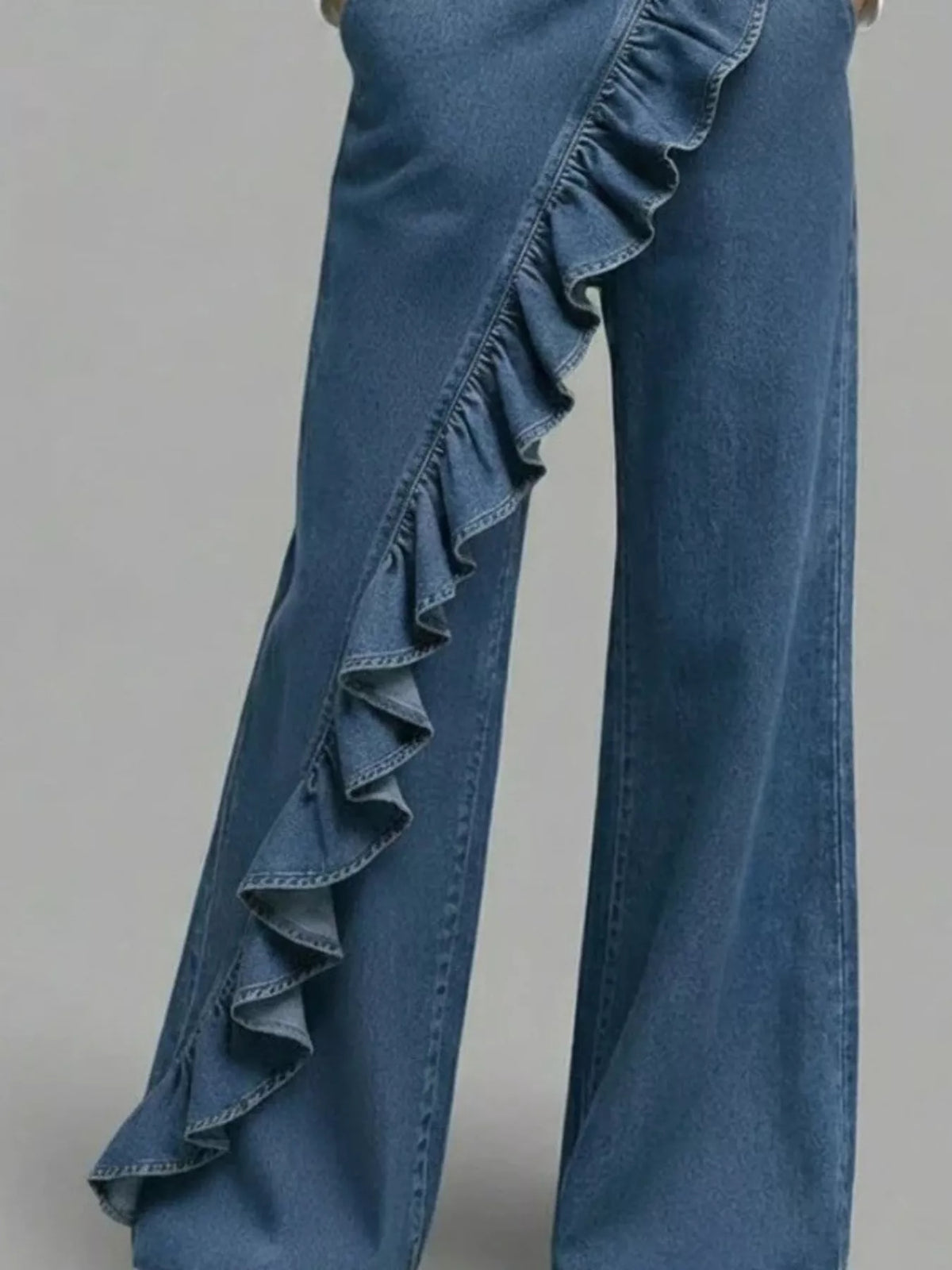 Asymmetrical Ruffled Wide-Leg Jeans in blue