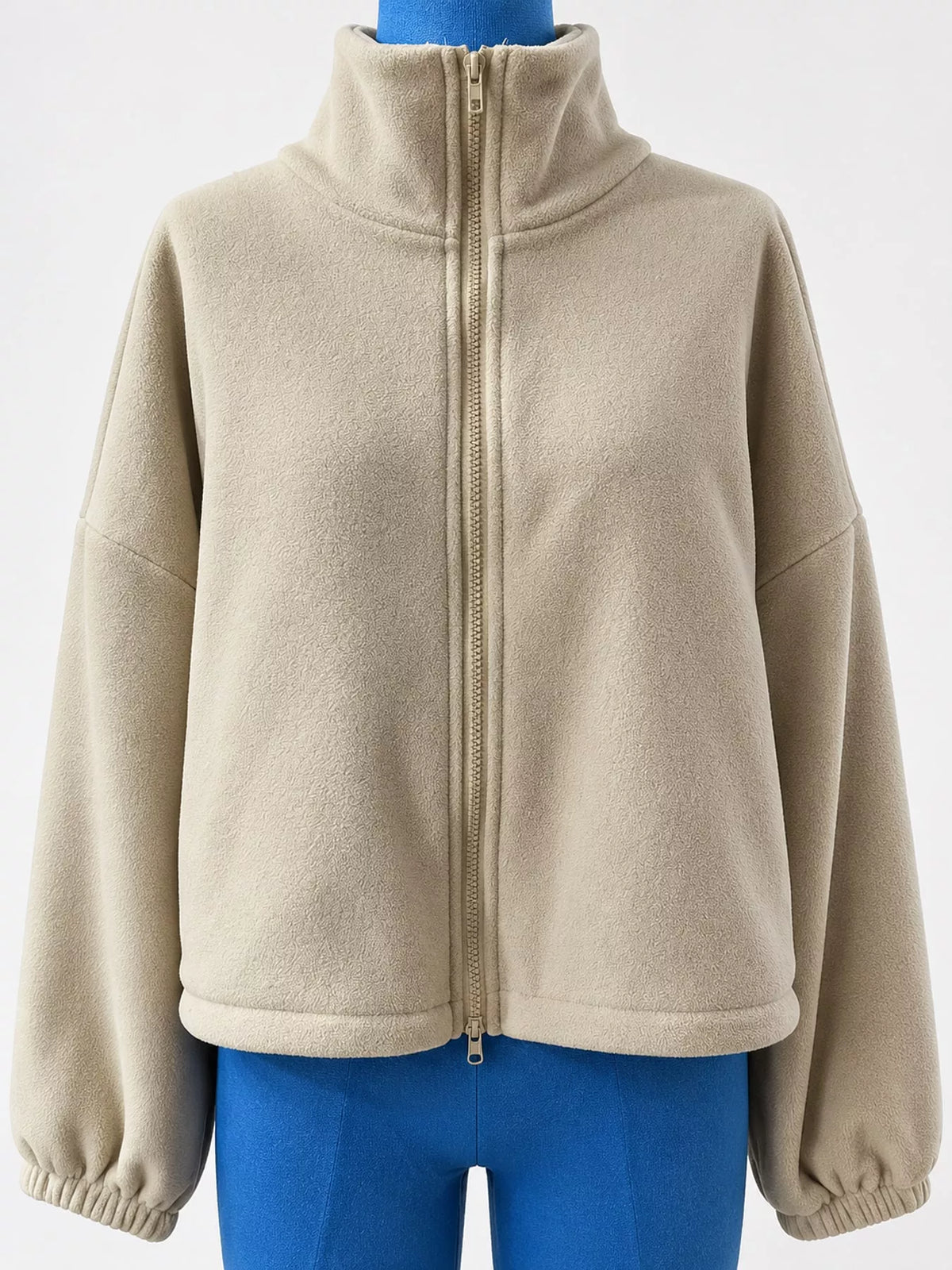Cream drawstring hem zip-up jacket