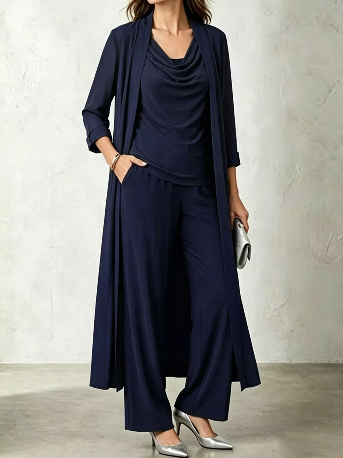 Navy blue cowl neck top, cardigan and pants set, front view