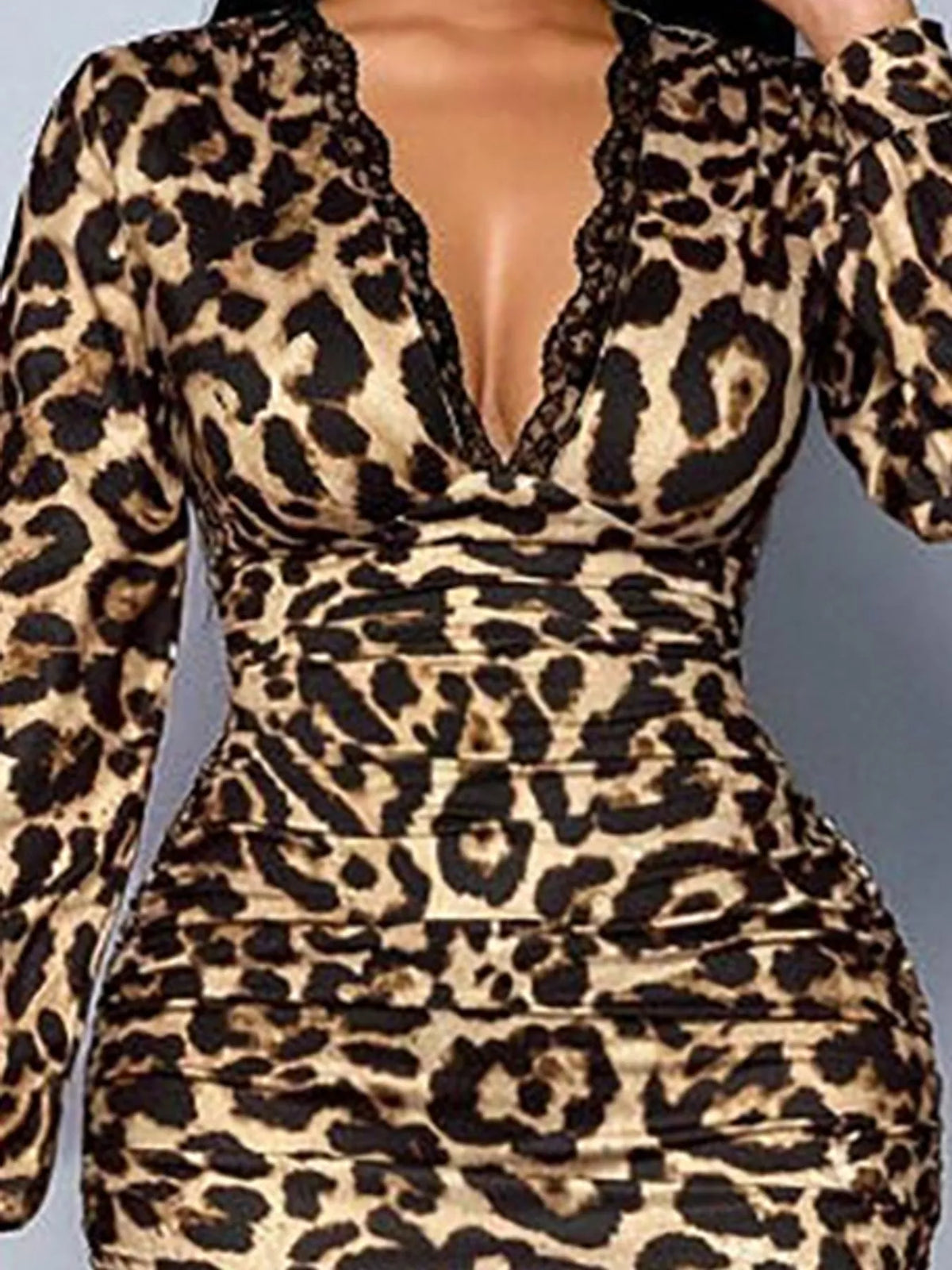 Women's Lace Detail V-Neck Bodycon Midi Dress in tan leopard — neckline detail view