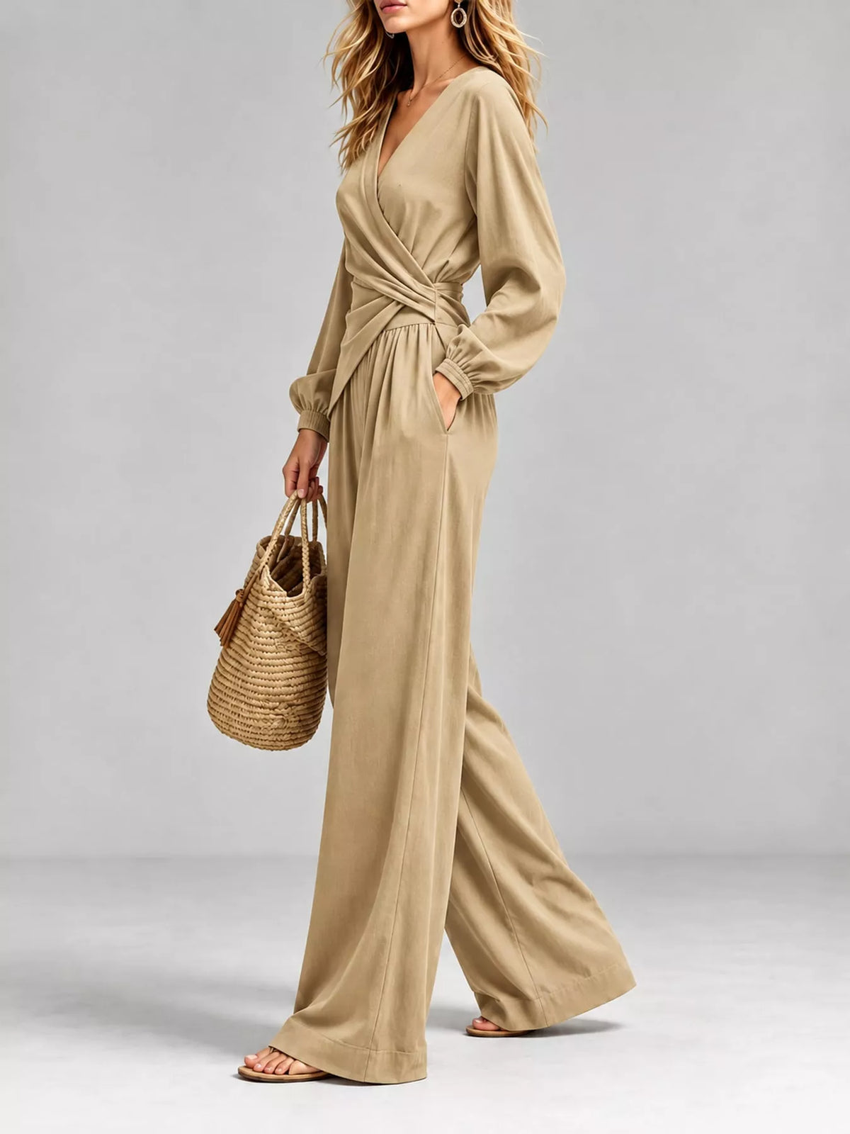 V-Neck Long Sleeve Top and Wide-Leg Pants Set — side view