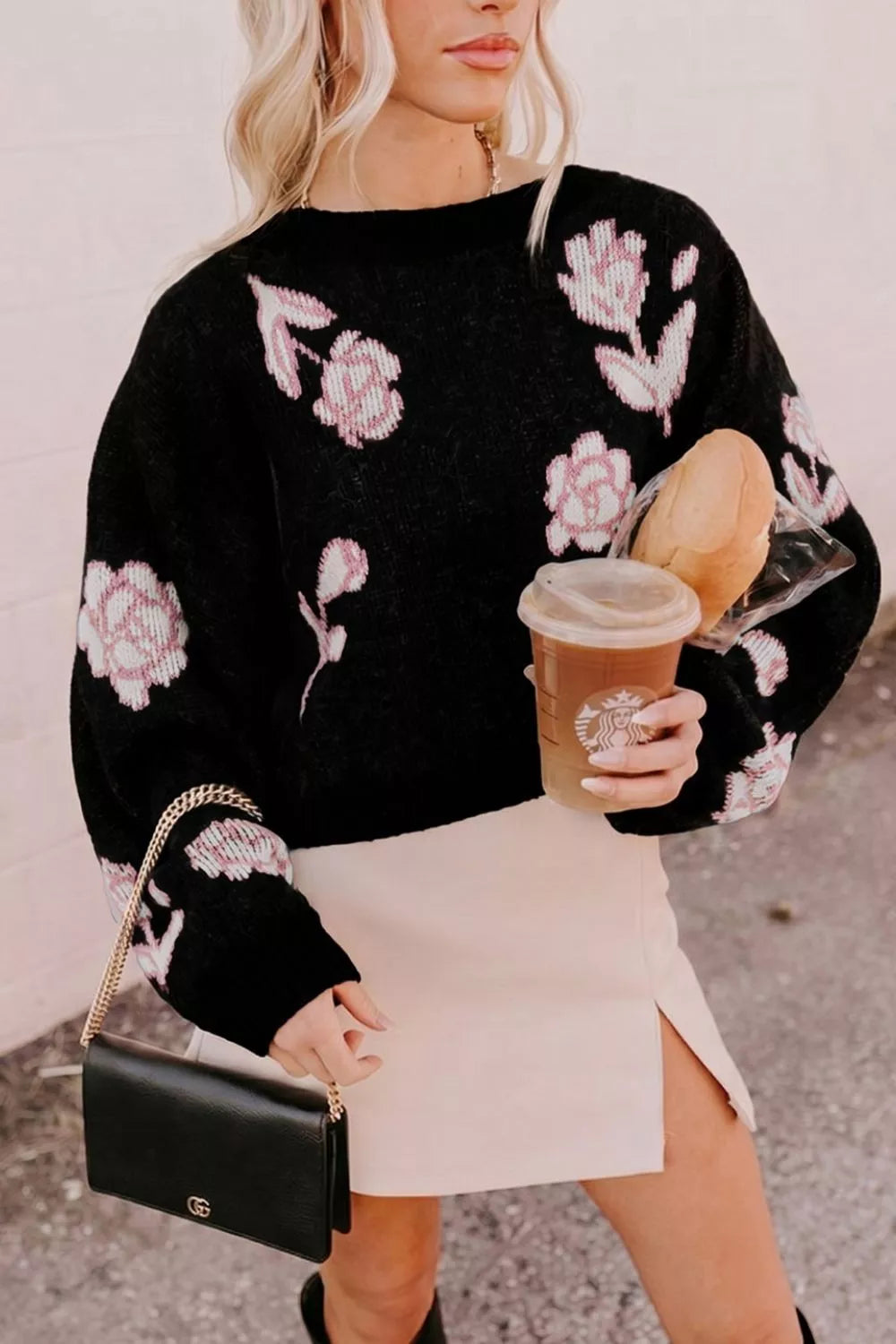 Trendsi Floral Pattern Puff Sleeve Dropped Shoulder Pullover Sweater -