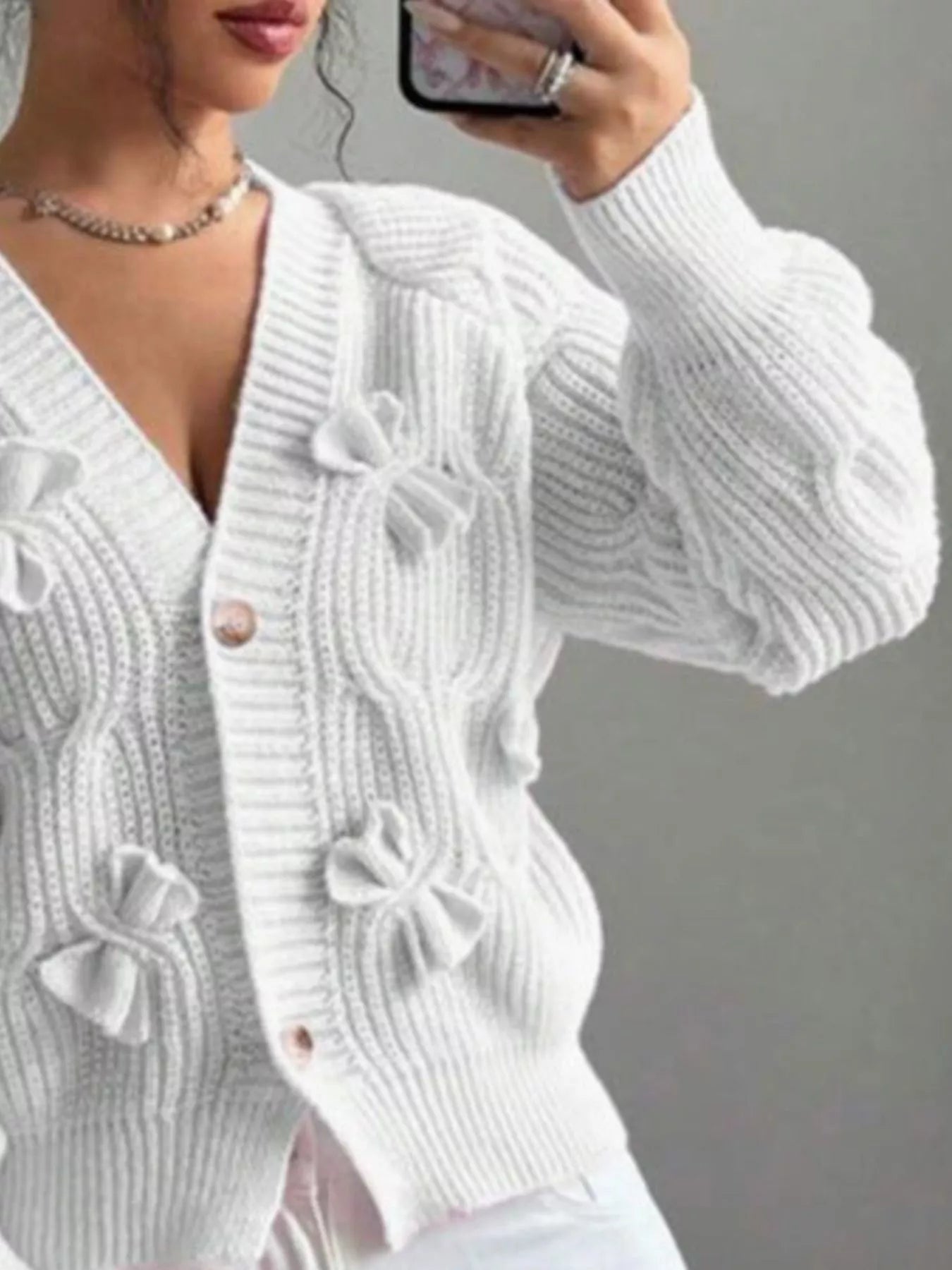 Trendsi Bow Cable Knit V-Neck Cardigan -
