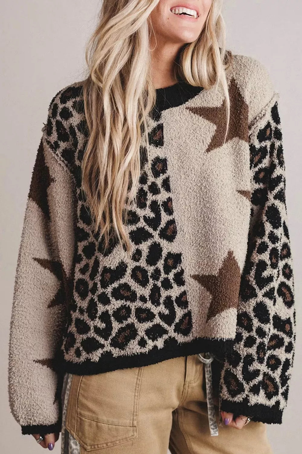 Trendsi Leopard Star Pattern Round Neck Long Sleeve Shift Sweater -