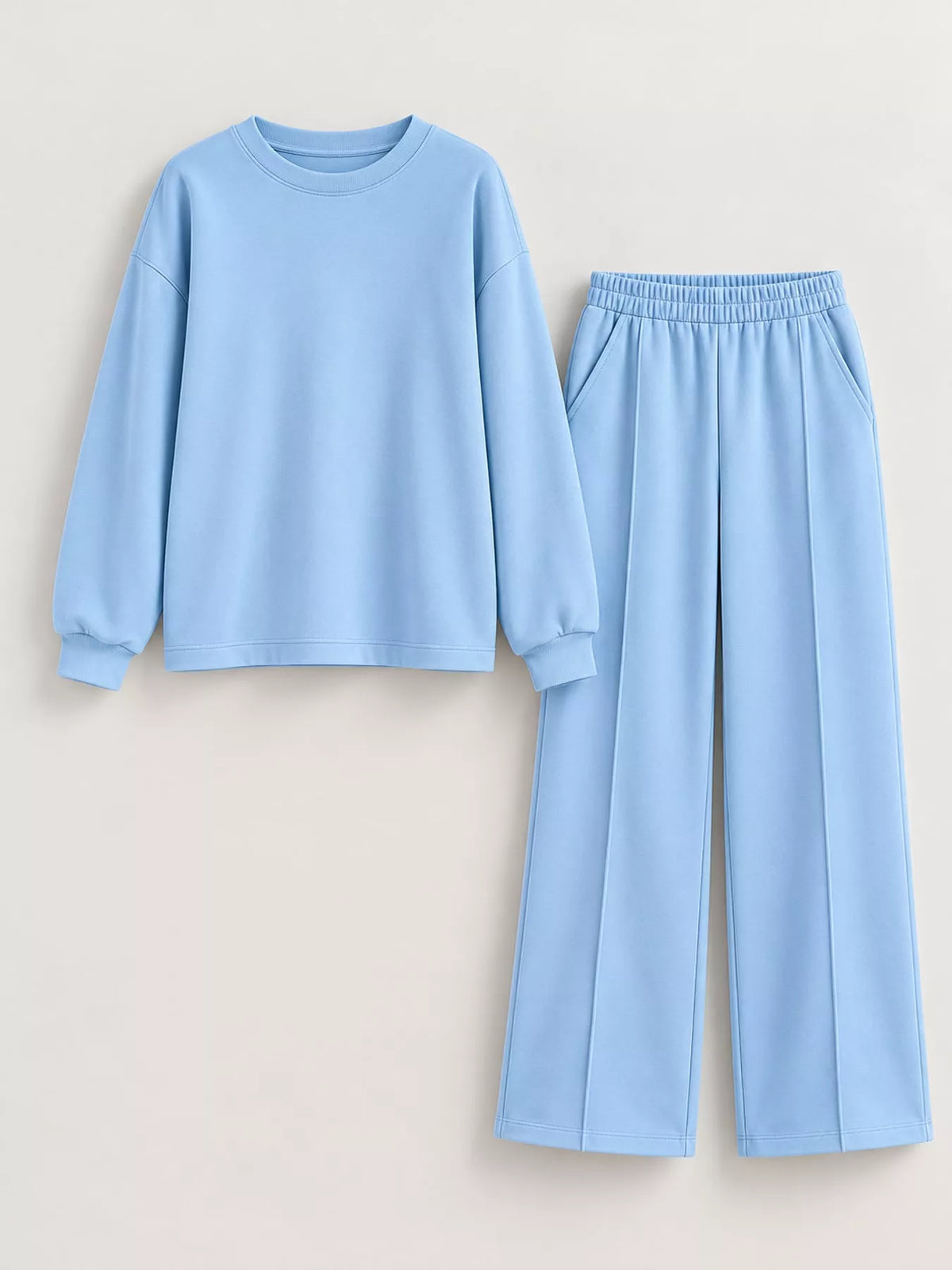 Blue oversized sweatshirt and wide-leg pants set — front view