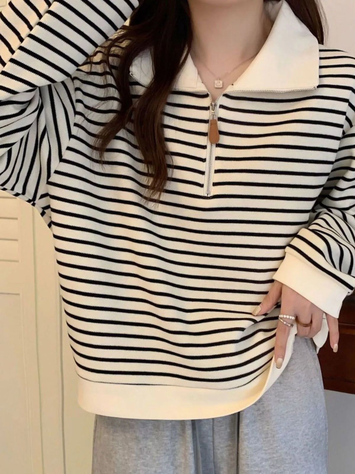 Striped Quarter-Zip Pullover Sweatshirt, detail view in cream and black