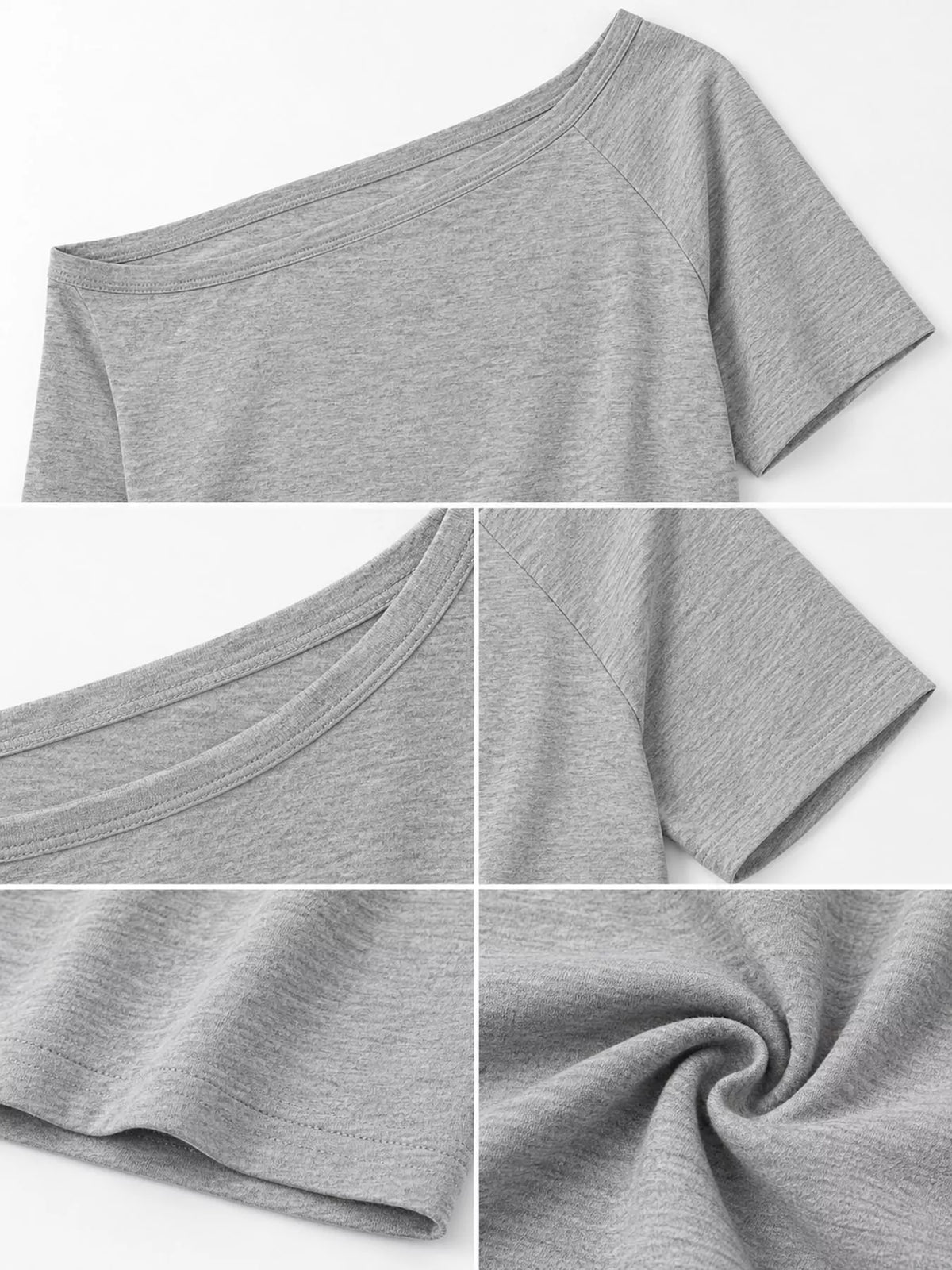 Gray asymmetric-neck T-shirt, neckline, sleeve and fabric collage
