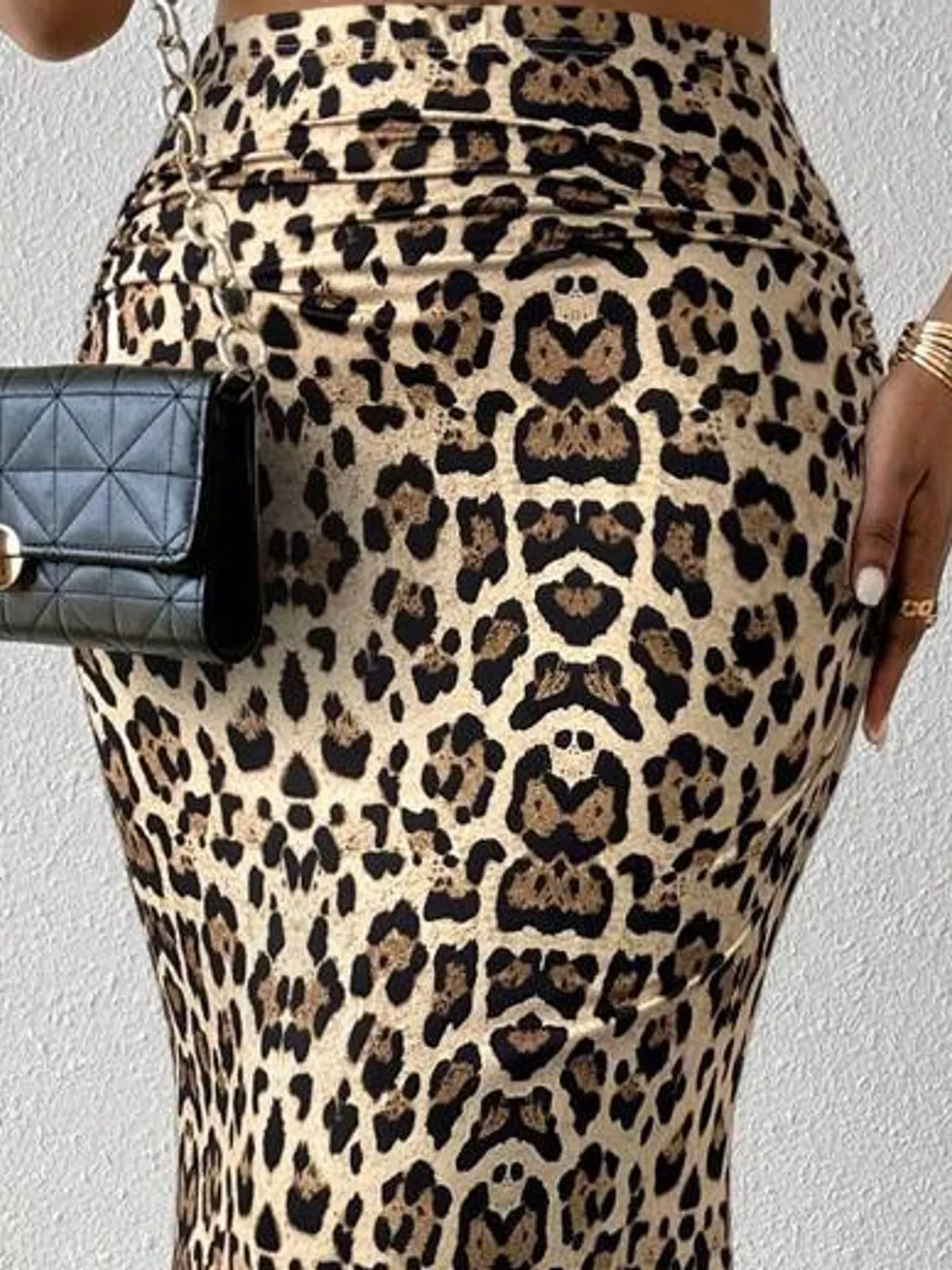 Brown and black leopard-print high-waisted ruched printed maxi skirt, detail view