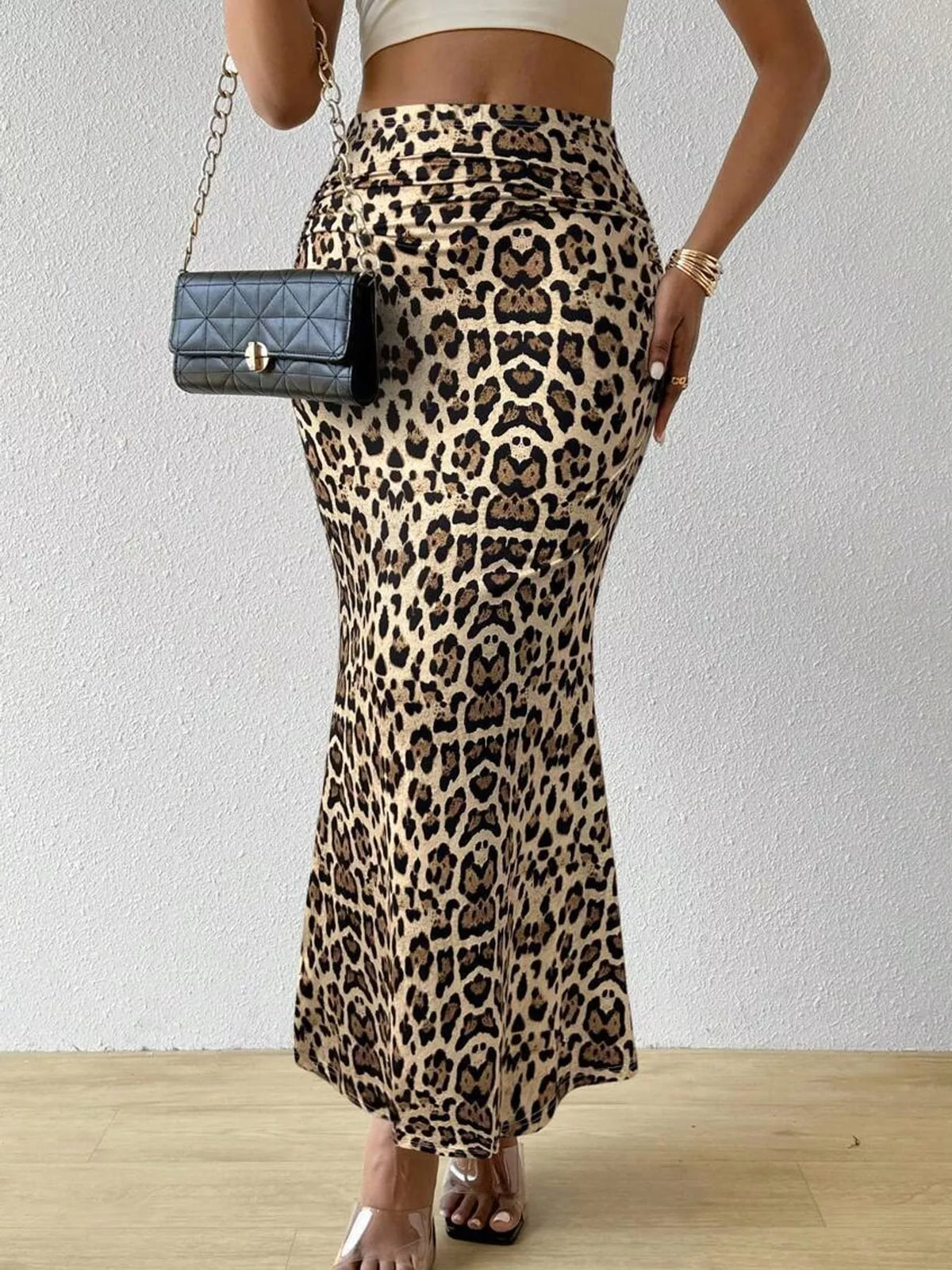 Brown and black leopard-print high-waisted ruched printed maxi skirt