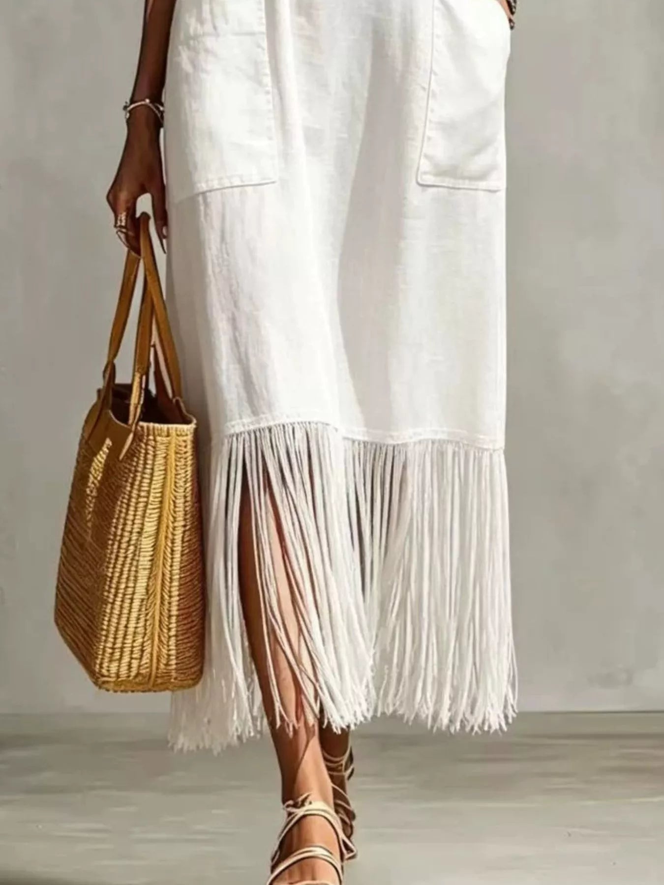 Trendsi Full Size Fringe V-Neck Spaghetti Strap Dress Plus Size -