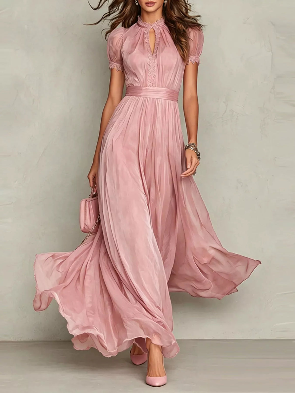 Lace Puff Sleeve Maxi Dress in pink, front view