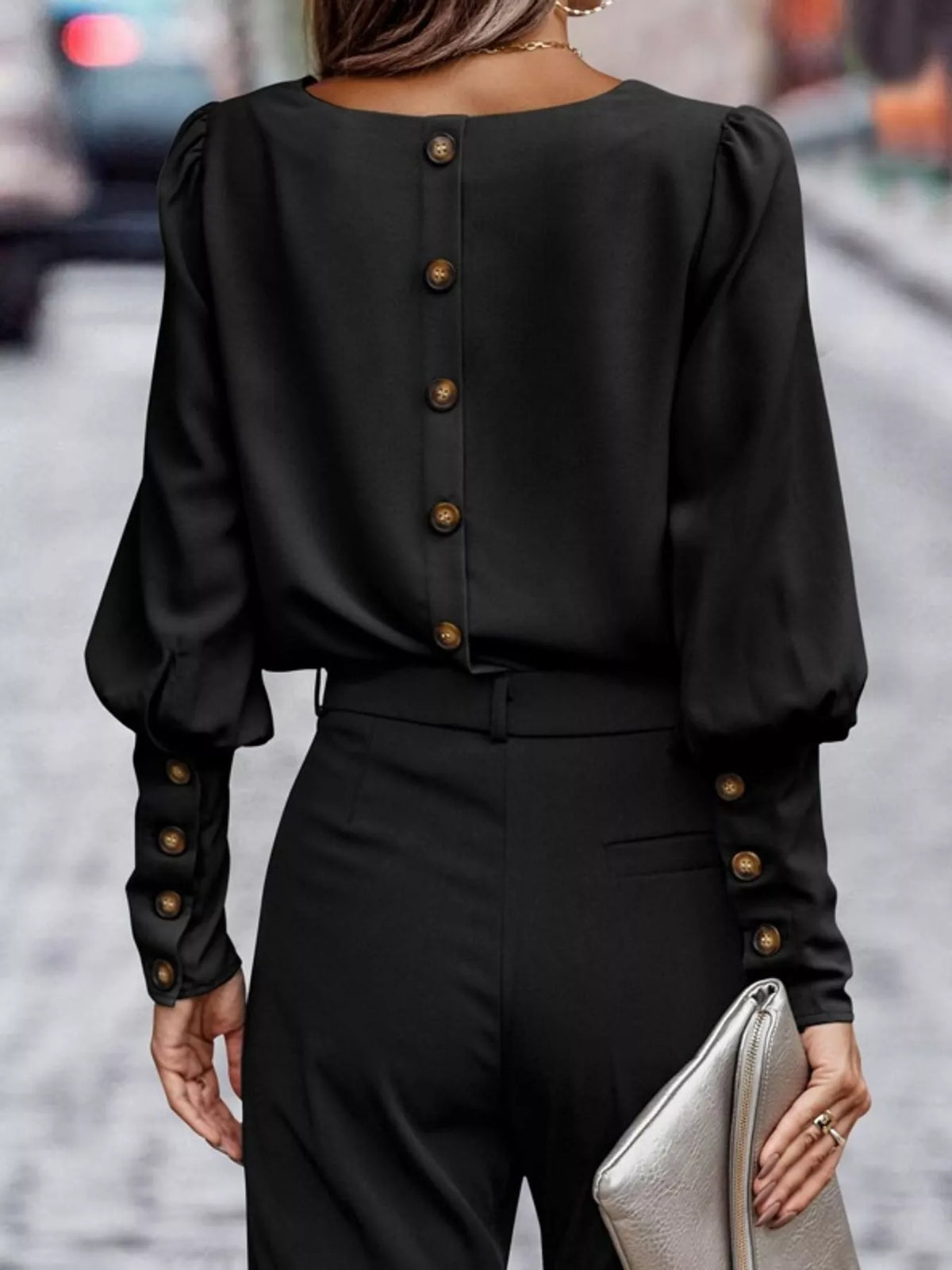 Decorative Button Lantern Sleeve Blouse — back view