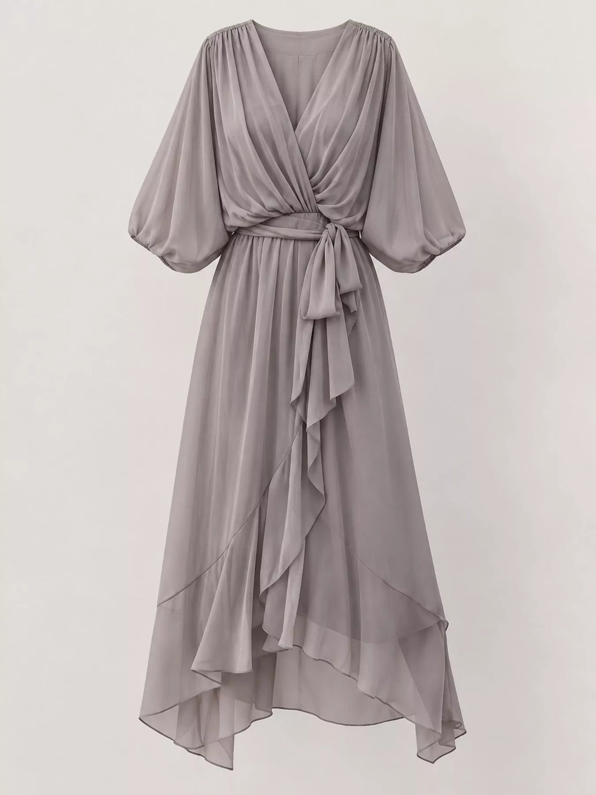 Gray batwing sleeve wrap dress with waist tie, front view