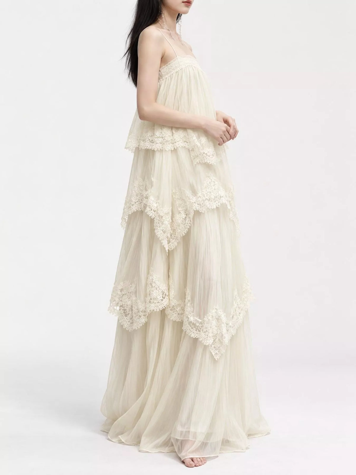 spaghetti-strap maxi dress, side view