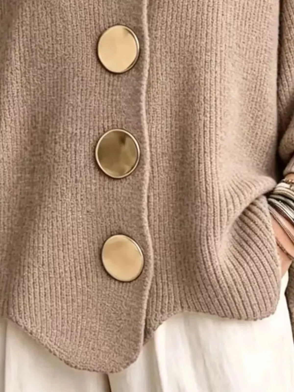 Trendsi Full Size Gold Buttons Lantern Sleeve Cardigan Plus Size -
