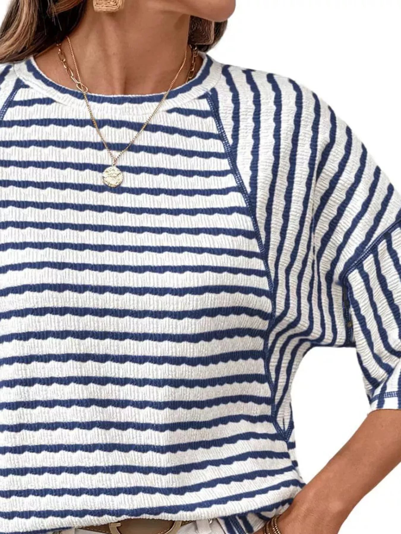 Trendsi Casual Striped Raglan Sleeve Textured T-Shirt -