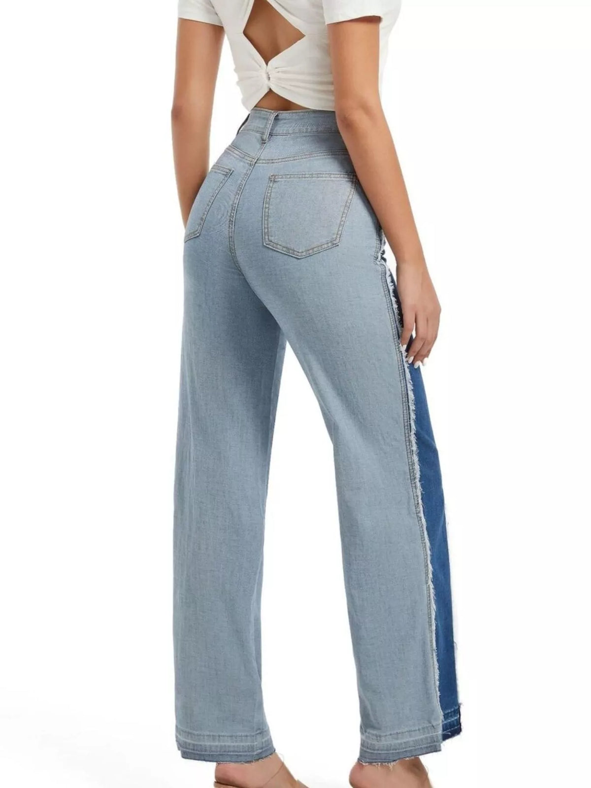 High-Waisted Two Tone Jeans in blue, back view